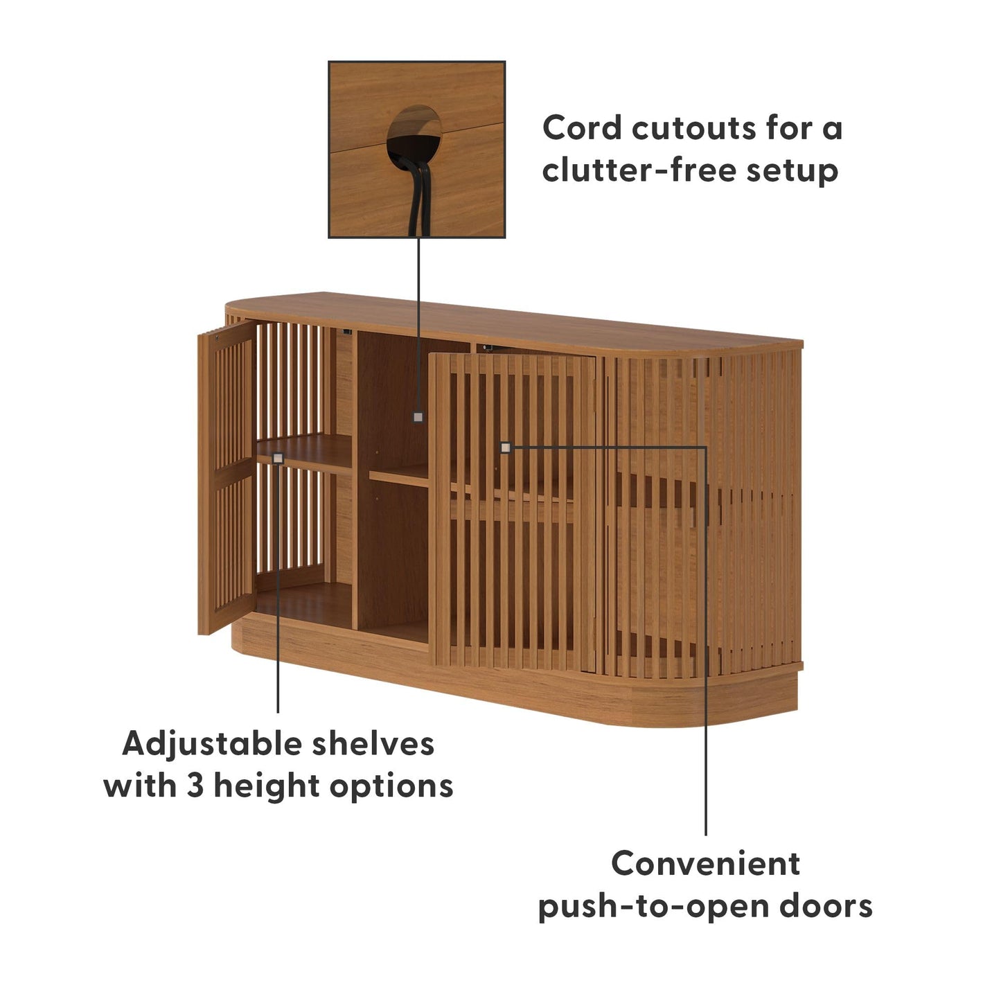 Plank+Beam Contour Wood TV Stand, Two Door Solid Wood Entertainment Console with Storage, 59" L x 16" W x 30" H, Pecan
