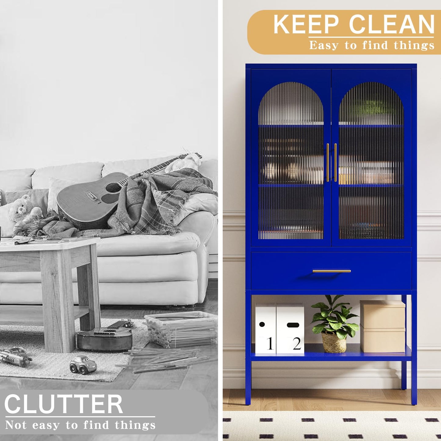 ALBAD 63 Inch Tall Metal Pantry/Display/Storage Cabinet with Fluted Glass Doors and Drawer & Adjustable Shelf for Modern Home Office Living Room Kitchen Blue