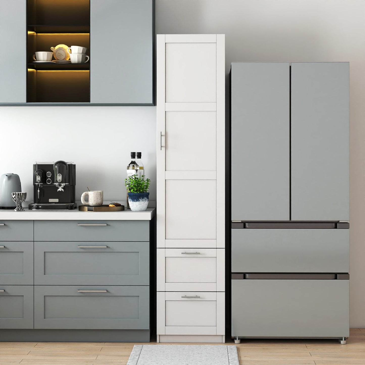 roomfitters Kitchen Pantry Storage Cabinet with 2 Drawers Tall Wooden Narrow Food Cupboard Bathroom Linen Tower, White