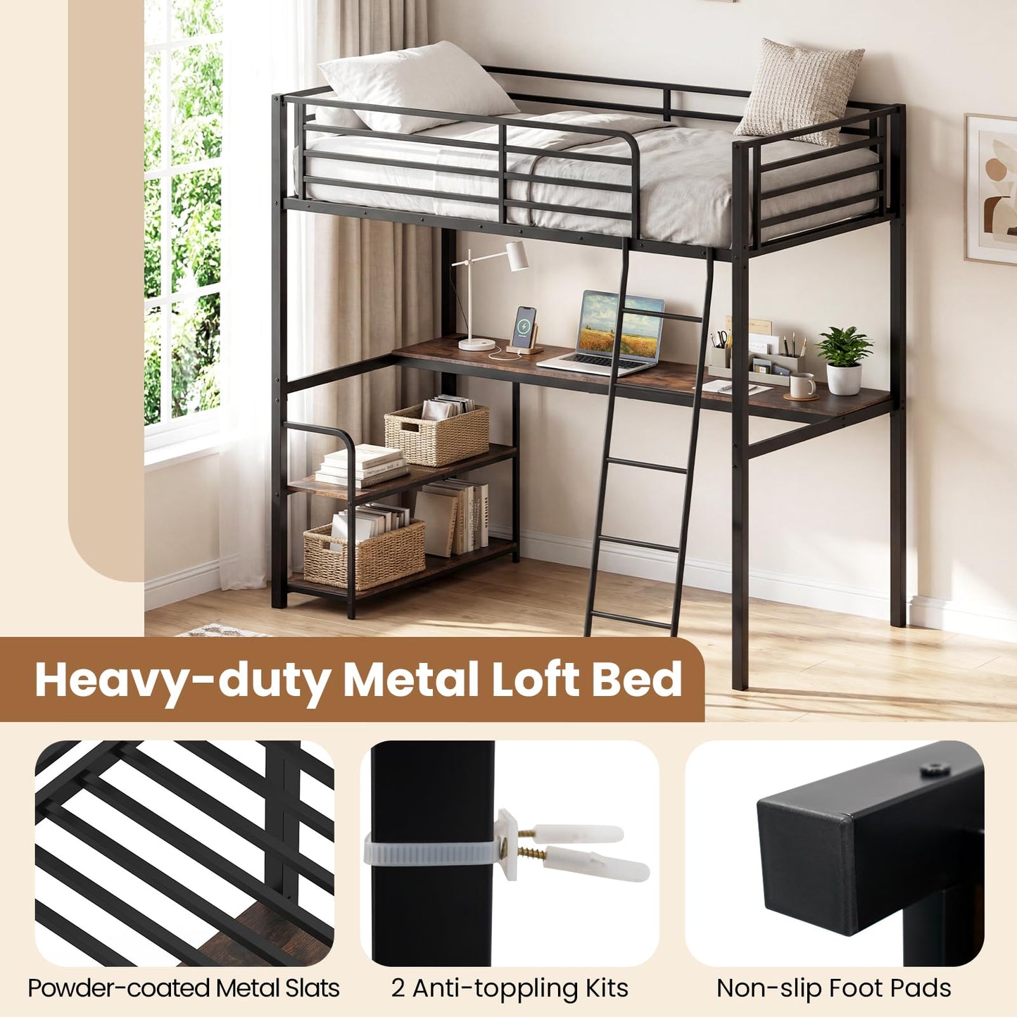 KOMFOTT Twin Loft Bed with Desk & Shelves, Heavy Duty Metal Bed Frame with Charging Station, Inclined Ladder & Guardrails, Space-Saving Metal Loft Bed for Kids, Teens, Adults, No Box Spring Needed