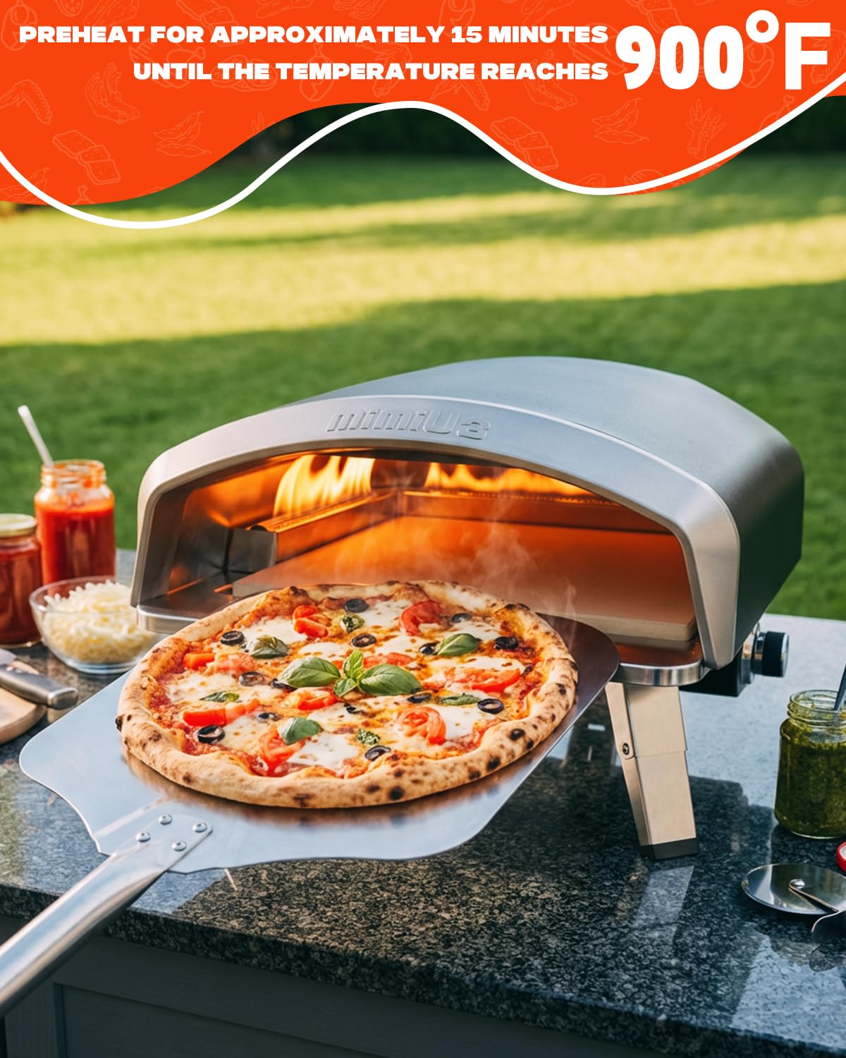 Mimiuo 16 Inch Gas Pizza Oven Outdoor Propane, Portable Pizza Maker with Digital Thermometer and Color-Coded Guide for Beginners, 3 Cooking Modes (Classic/Neapolitan/Custom), 900℉