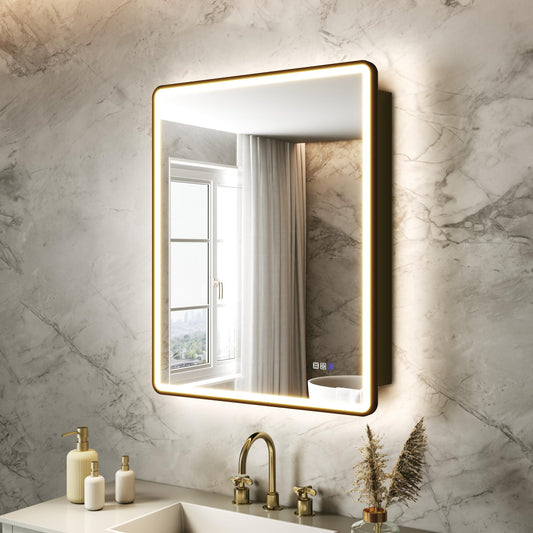 ComfyStyle 24x30 Lighted Medicine Cabinet with Mirror, Surface or Recessed Bathroom Medicine Cabinet with Storage, 3-Color Dimmable Lighting, Anti-Fog & Memory, Adjustable Shelves, Black Metal Frame