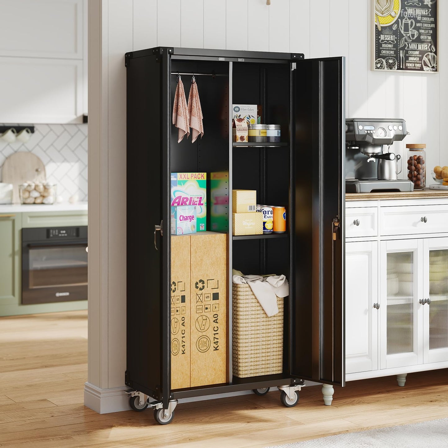 DUMOS 72" Metal Garage Storage Cabinet with Wheels, Tall Rolling Steel Tool Organizer with Adjustable Shelves and Locking Doors, Lockable File Cabinet for Garage, Home, Office, Warehouse, Black