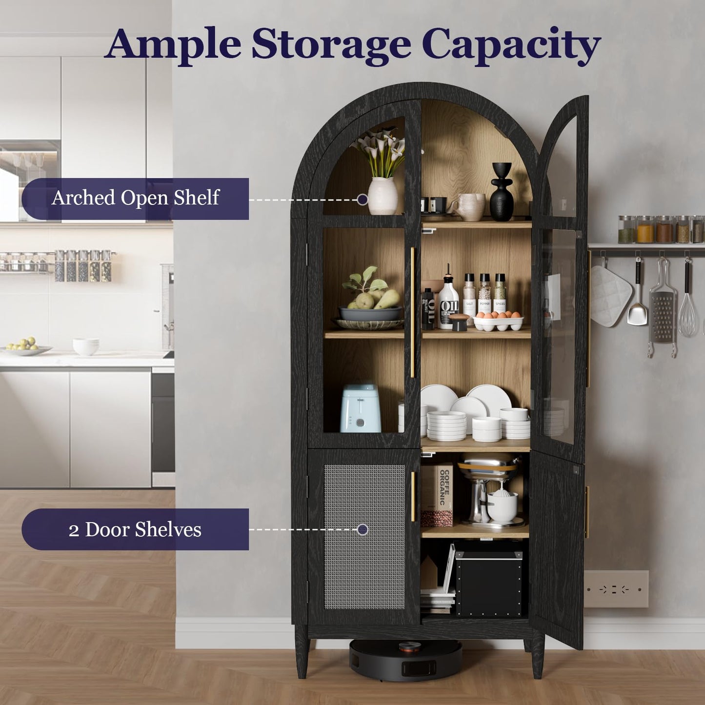 TRUNBACK 71" Tall Arched Cabinet with Glass Doors, Kitchen Pantry Storage Cabinet with Dust-Proof Rattan, 5-Tier Curio China Cabinet with Adjustable Shelves for Living Room Dining Room, Black