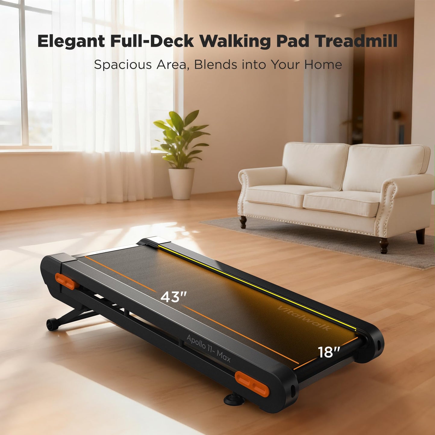 Vitalwalk Walking Pad Treadmill with Incline, 43"x18" Wide Full Deck, Auto Incline, Portable Under Desk Treadmills for Home Office, 4-Way Mobility & Vertical Store, Heavy Duty, APP, Grey, Extra Large