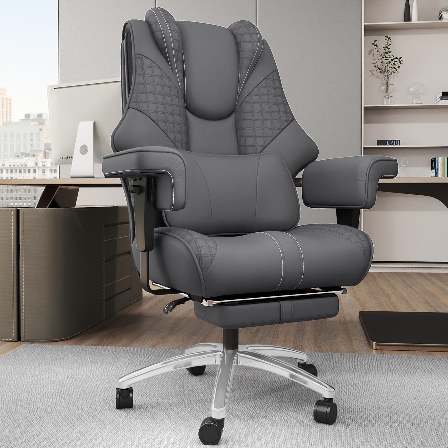 400lbs Big and Tall Office Chair, Wide Ergonomic Leather Executive Chair for Heavy People with Foot Rest, High-Back Reclining Computer Chair with Swivel Wheels and Lumbar Support (Gray)