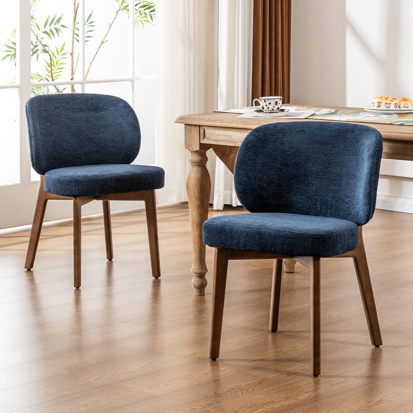 YOUNUOKE Upholstered Dining Chair, Modern Chenille Fabric Dining Room Chair with Wood Legs, Widen Backrest Comfy Side Kitchen Chairs, Blue (Single Pack)