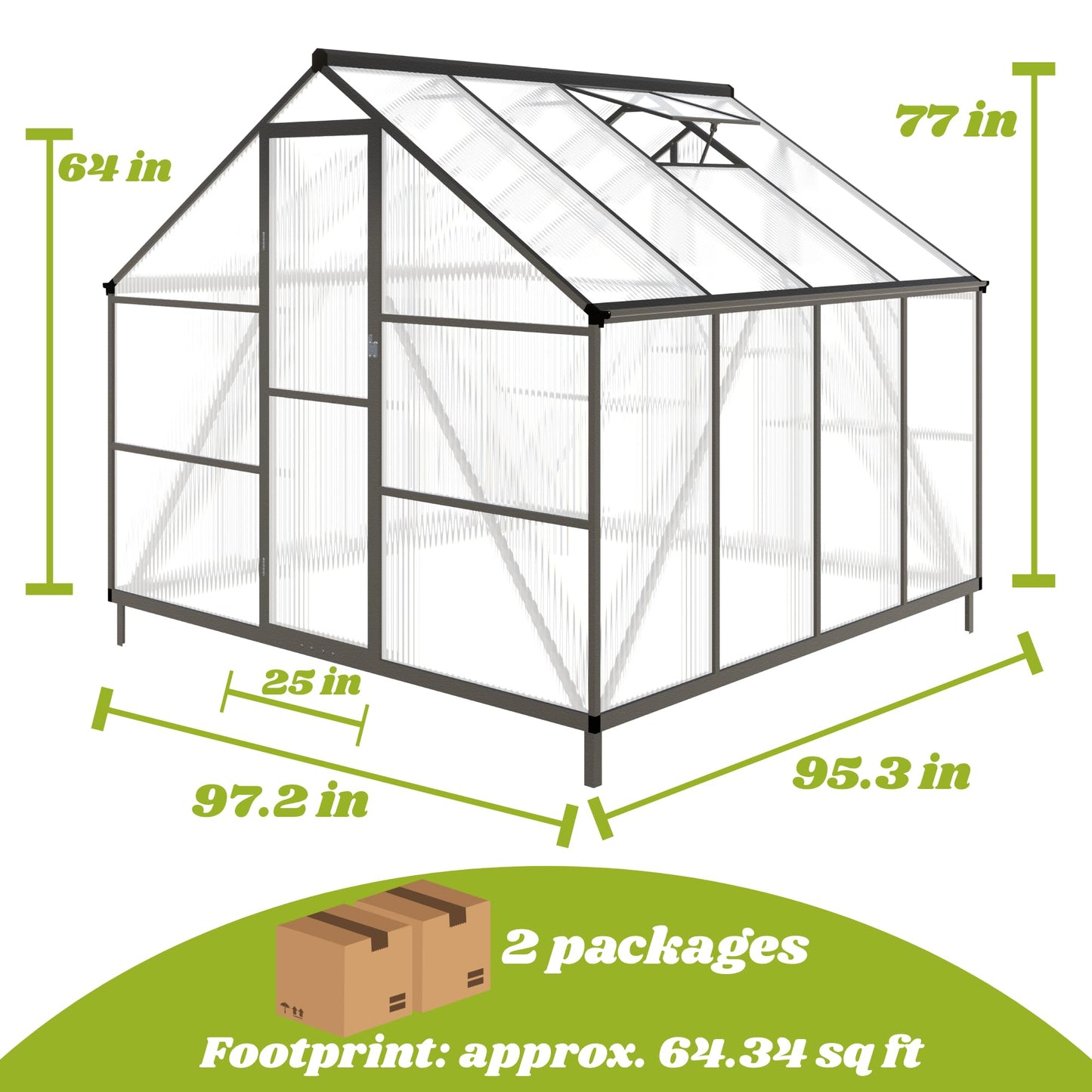 8x8 FT Greenhouse for Outdoors, Polycarbonate Greenhouse with Quick Setup Structure and Roof Vent, Aluminum Large Walk-in Green House for Outside Garden Backyard, Charcoal Black