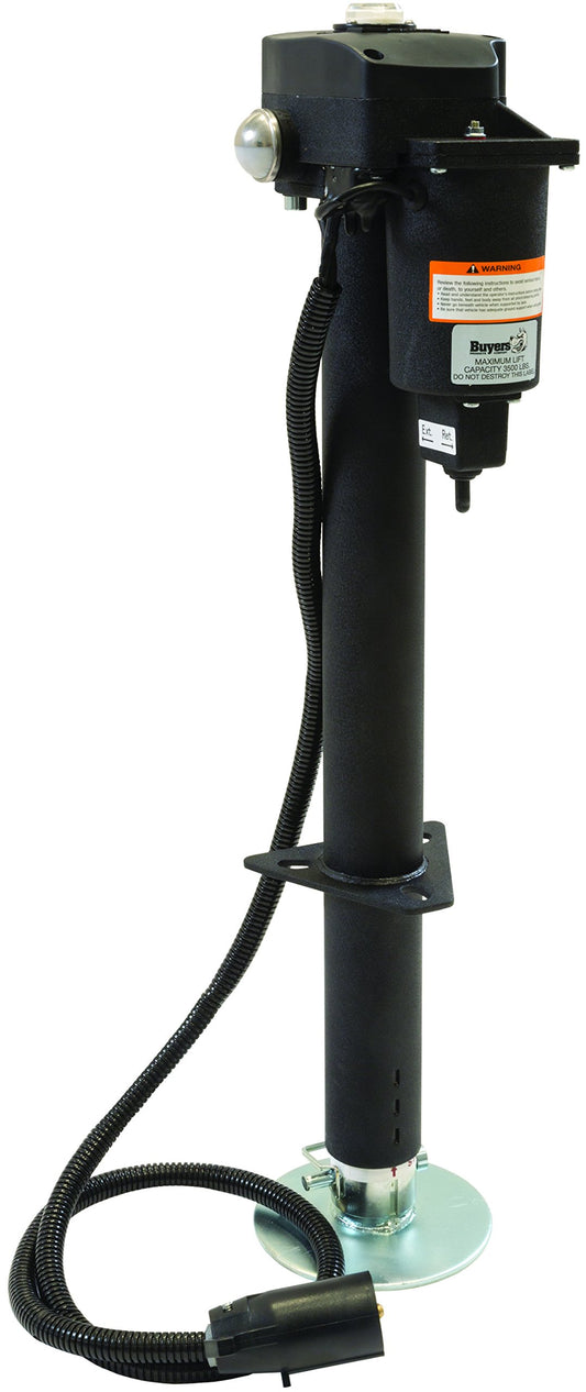 Buyers Products 0093500 12 Volt Electric Trailer Jack, 3500 lb Power Tongue Jack, Pre Wired 7 Way RV Connector, A Frame Mount, Drop Leg, Built-In Leveling Gauge, LED Night Light, Manual Crank Backup