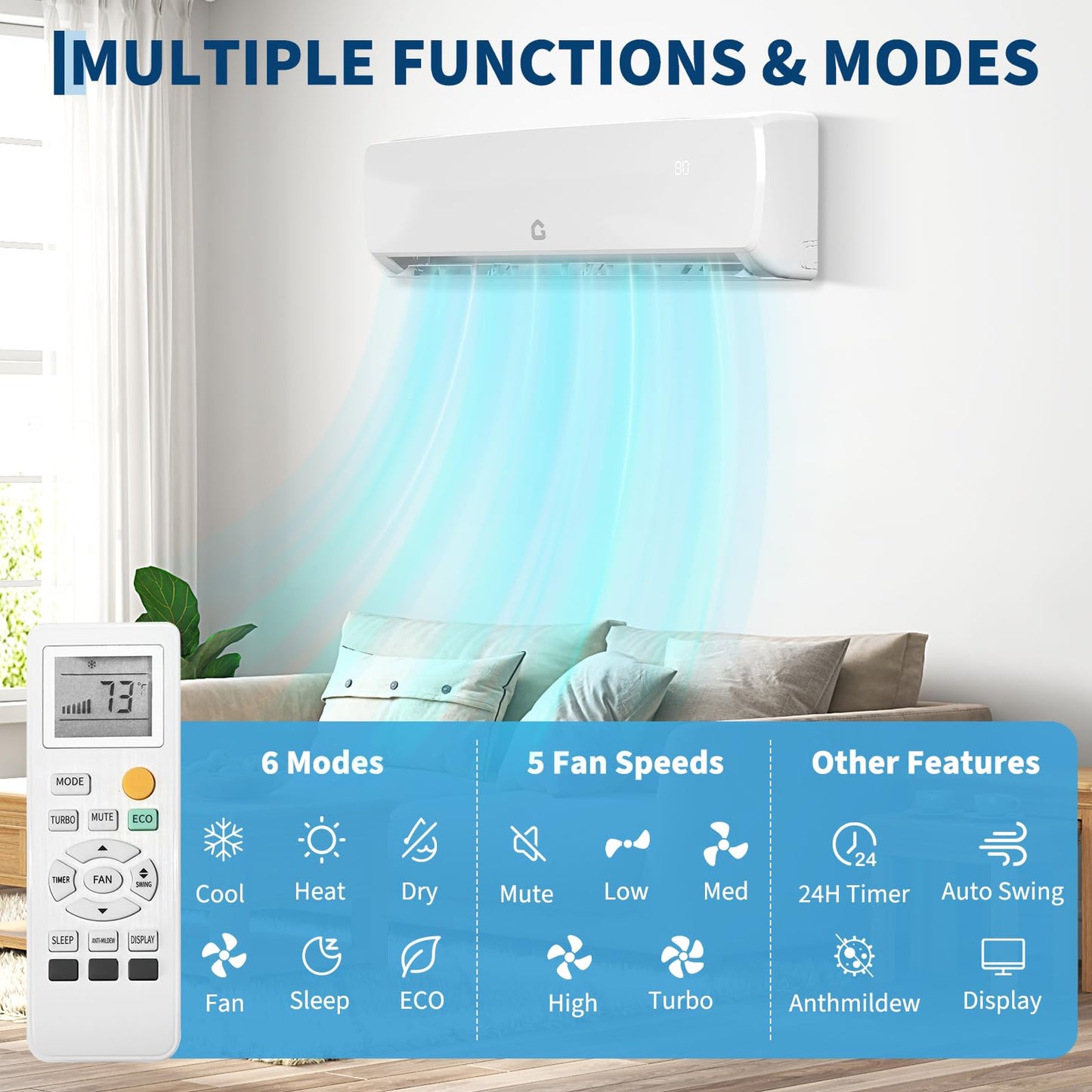 18000 BTU Ductless Mini Split Air Conditioner & Heat Pump, 19 SEER2 High Efficiency Inverter AC Unit, 230V Remote Control, Ultra Quiet, 5 Modes Cooling Heating Cover Up to 1250 Sq.Ft for Home