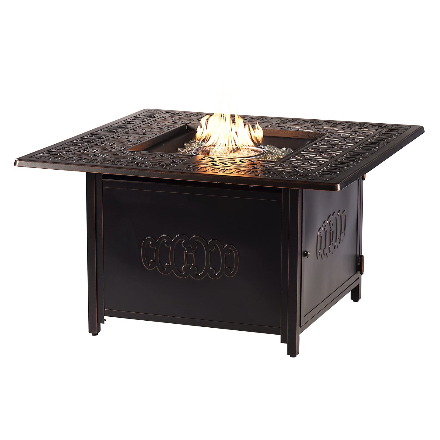 Oakland Living Black Aluminum Patio Fire Table Set with Four Club Chairs with Black Cushions