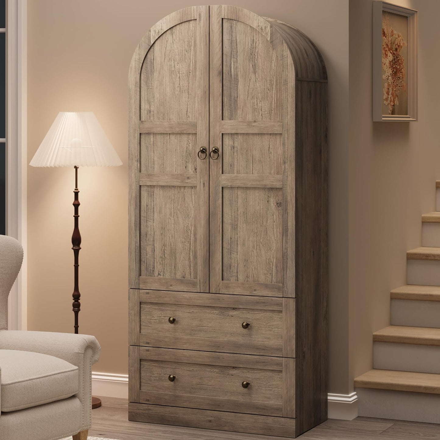 GAOMON 72" Arched Kitchen Pantry Cabinet, Wooden Freestanding Storage Cupboard with Doors, Drawers & Adjustable Shelves, Versatile Farmhouse Pantry for Dining and Living Room, Rustic Gray