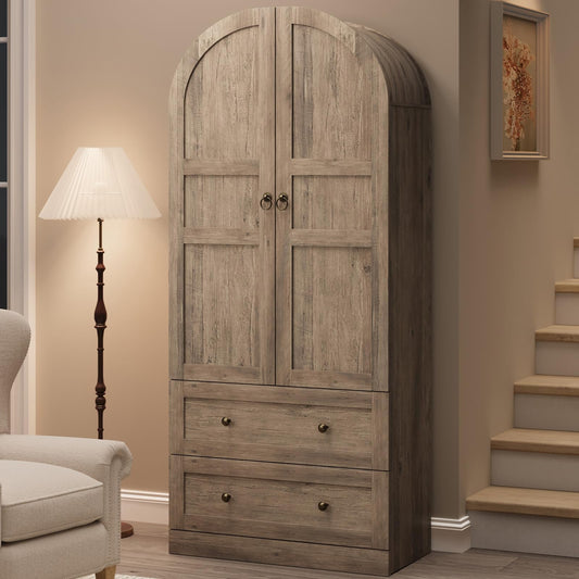 GAOMON 72" Arched Kitchen Pantry Cabinet, Wooden Freestanding Storage Cupboard with Doors, Drawers & Adjustable Shelves, Versatile Farmhouse Pantry for Dining and Living Room, Rustic Gray