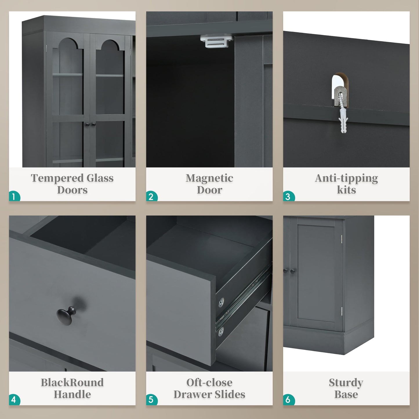 Merax Wood Kitchen Pantry with 4 Drawers, 3 Cabinets and Hutch, Tall Cupboard Dining Storage Cabinet with Door Shelves and Pull-Out Trays for Living Room, Kitchen, Dining Room Gray