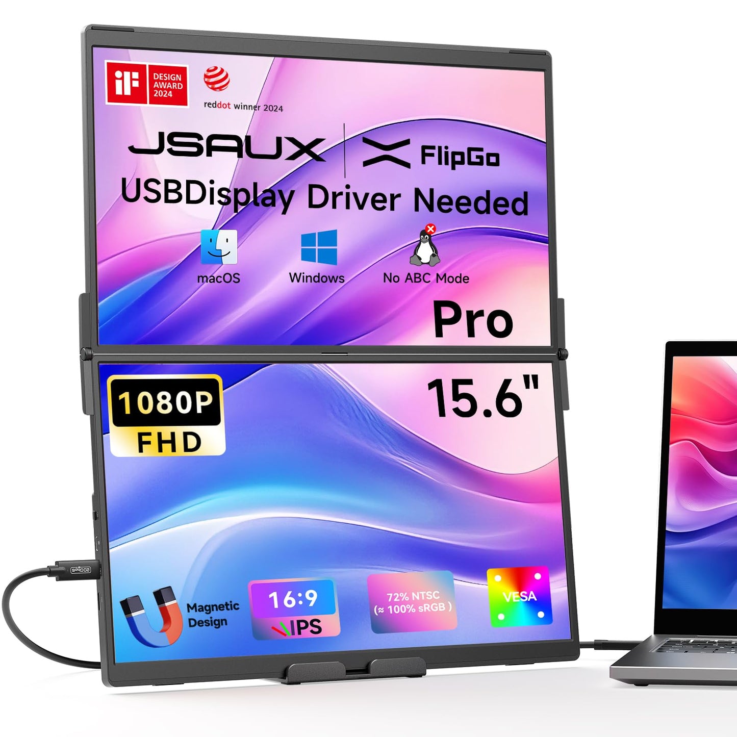 JSAUX FlipGo Pro 15.6" Dual Portable Monitors, 1080P FHD IPS Dual Screen Monitor, Triple Screen Laptop Monitor Extender for Wins/macOS (Driver Required) with Magnetic Design/Plug & Play/Built-in Hub