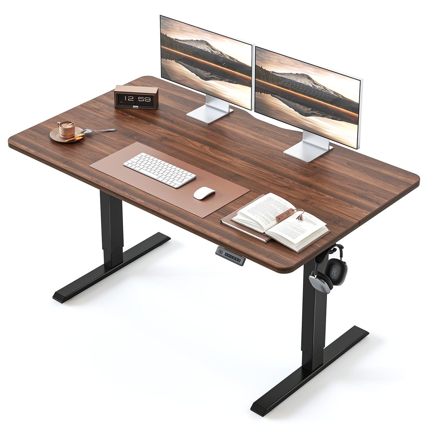 BANTI 55 × 28 Inches Standing Desk, Ergonomic, Electric Height Adjustable, Sit and Stand Up, Computer Desk with a Deeper Desktop, Black Frame/Black Walnut Top