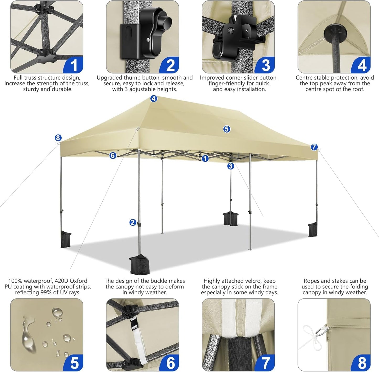 COBIZI 10x20 Pop up Canopy Tent Heavy Duty, Easy Set-up Commercial Outdoor Party Tent, 100% Waterproof Wedding Tents Gazebo, 3 Height Adjustable with Wheeled Bag, Khaki