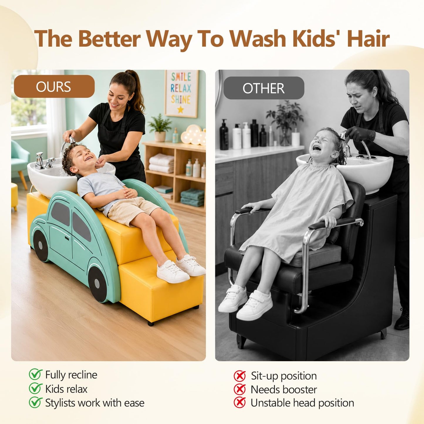 OmySalon Hair Washing Station for Kids, Ceramic Bowl with Neck Rest & UPC Certified Faucet Vacuum Breaker, Child Shampoo Bowl and Chair Set for Salon
