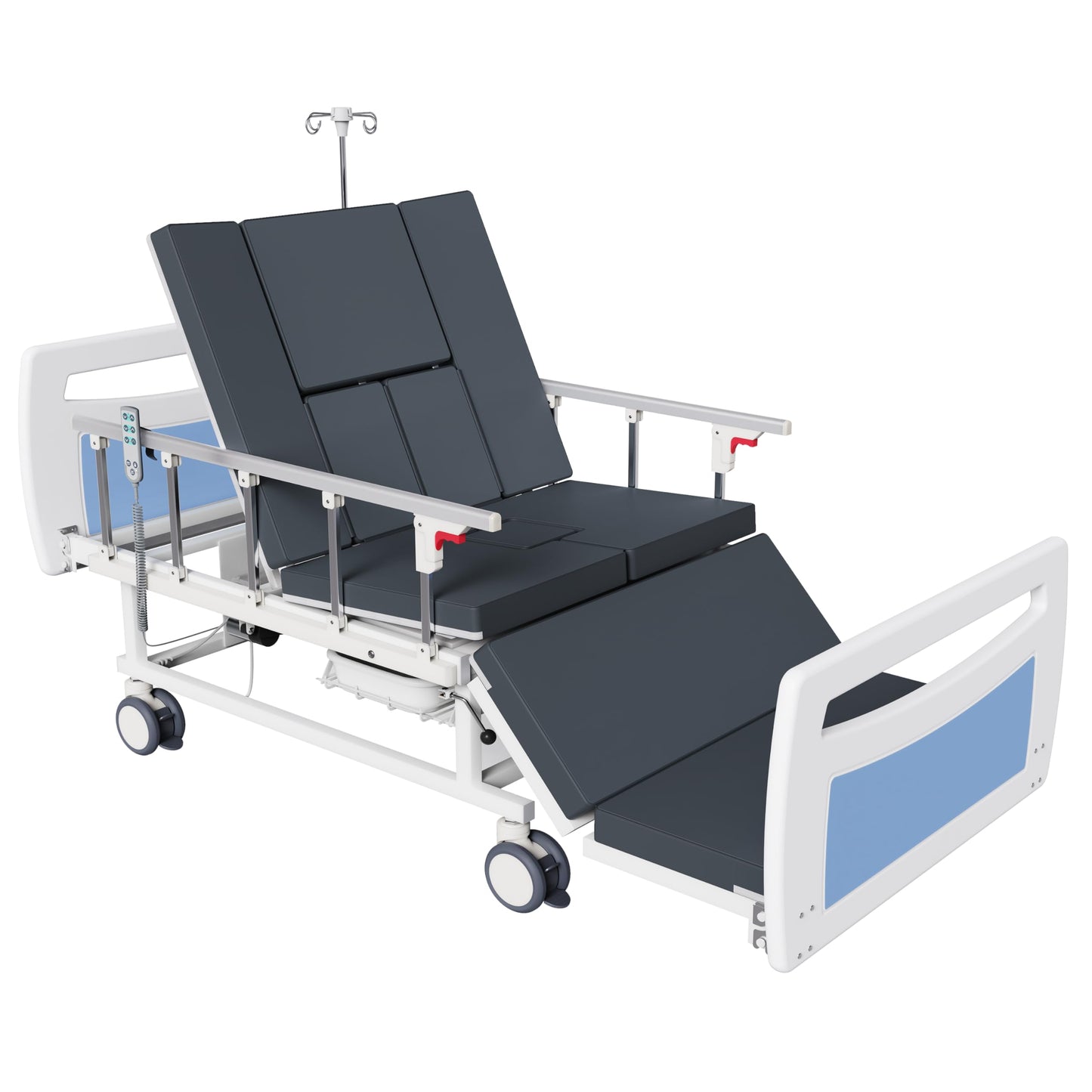 OLERN Advanced Full Electric Hospital Bed for Home Use,Adjustable Nursing Bed with Remote Control,5" Large Locking Casters,Waterproof Foam Mattress,IV Pole,Bedpan,Hair-Washing Device,550 LBS Loading
