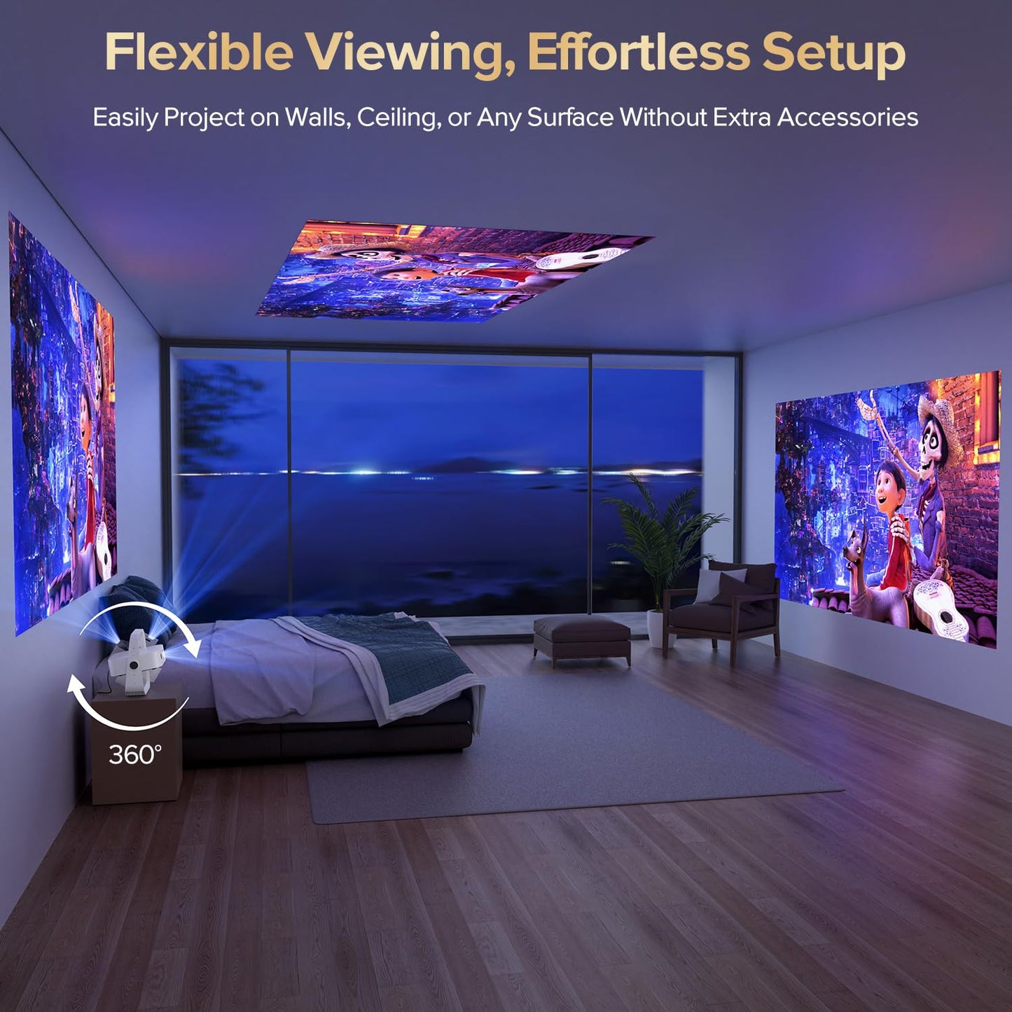 [Official Licensed Google TV] Projector, Smart 4K&1080P Projector with WiFi and Bluetooth, Auto Focus & Keystone, Voice Control Movie Video Projector, Home Projector with 360° Rotating Stand