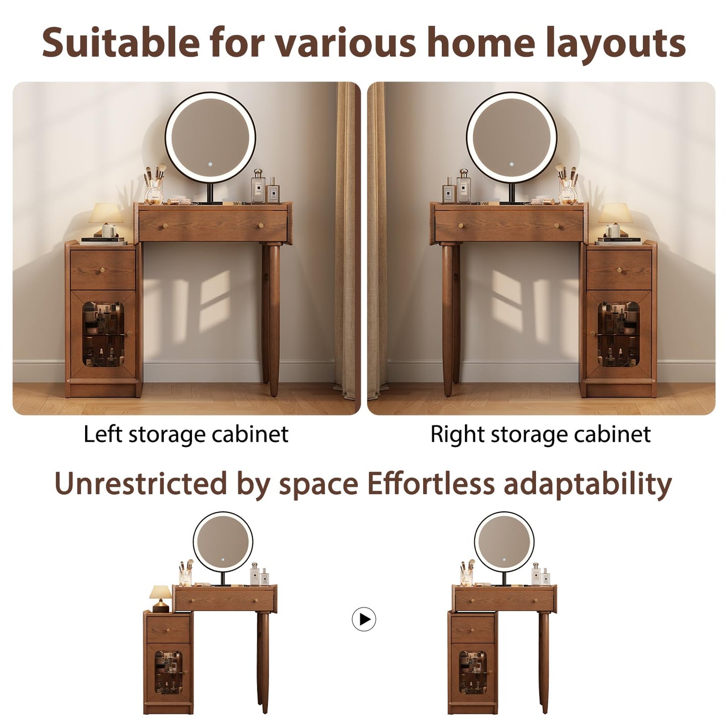 Luxury 100% Solid Wood Vanity Desk with Mirror, Mid-Century Modern Makeup Table with Glass Top & Ambient Light, 2-in-1 Vanity and Nightstand with Storage Cabinet for Bedroom ([Walnut] Desk + Mirror)