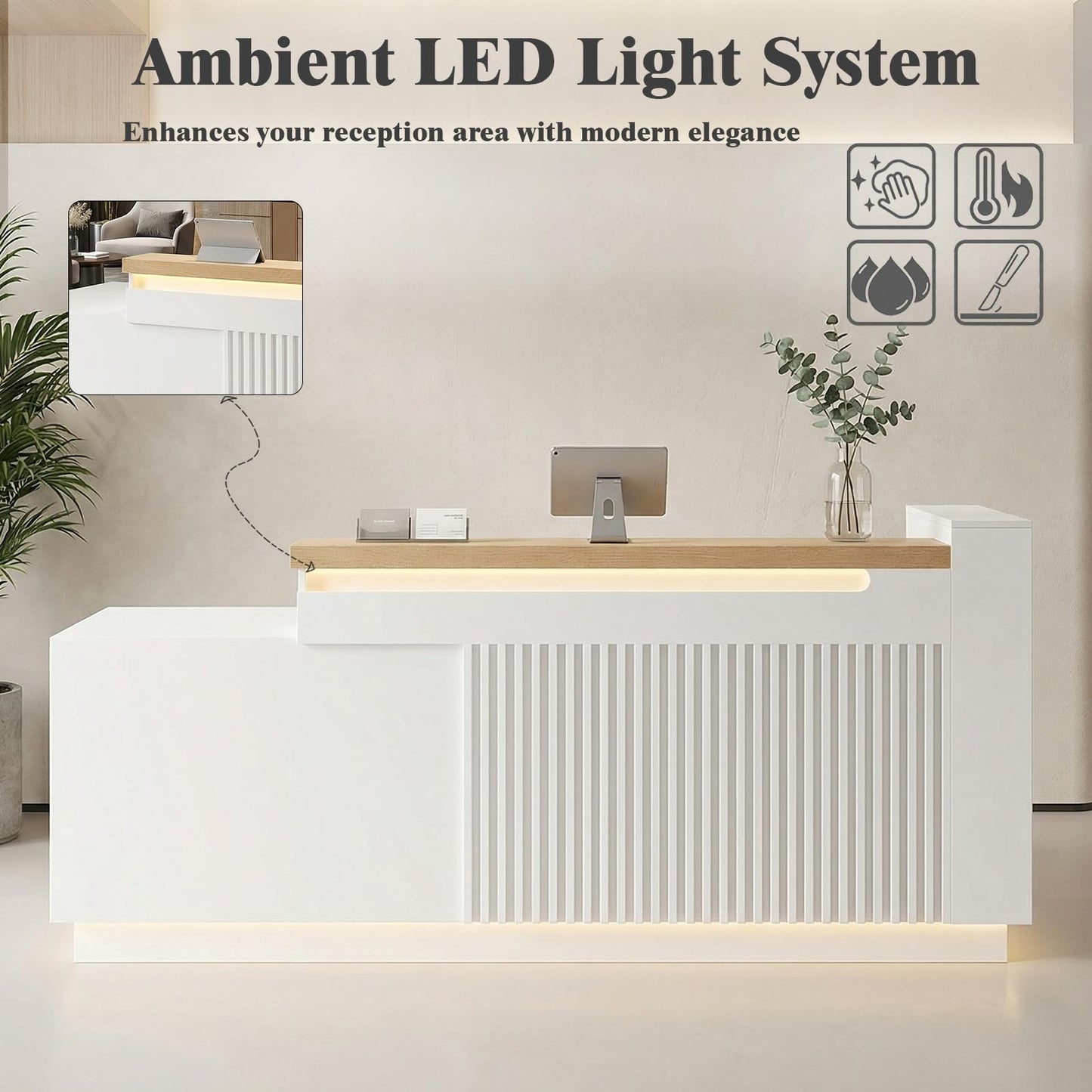 Laxodor 86.6" L-Shaped Reception Desk with LED Lights, Slatted Grille & Built-in Outlets, White Front Counter with Dimmable Switch for Salon, Retail & Office