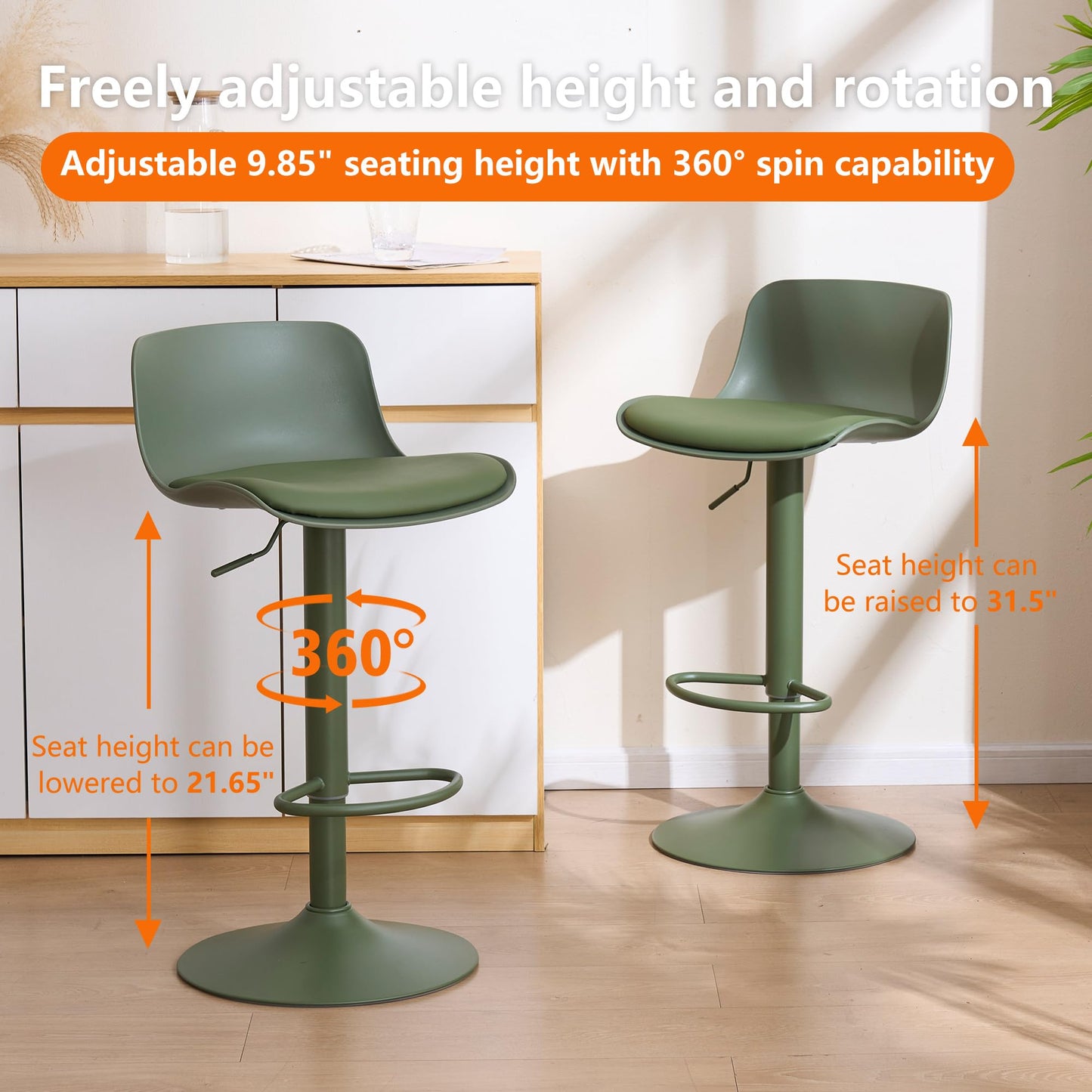 Kidol & Shellder Set of 2 Adjustable Swivel Bar Stools - Modern PU Leather Upholstered Counter Height Stools with Back Metal Base for Kitchen Island Home Bar Olive Green