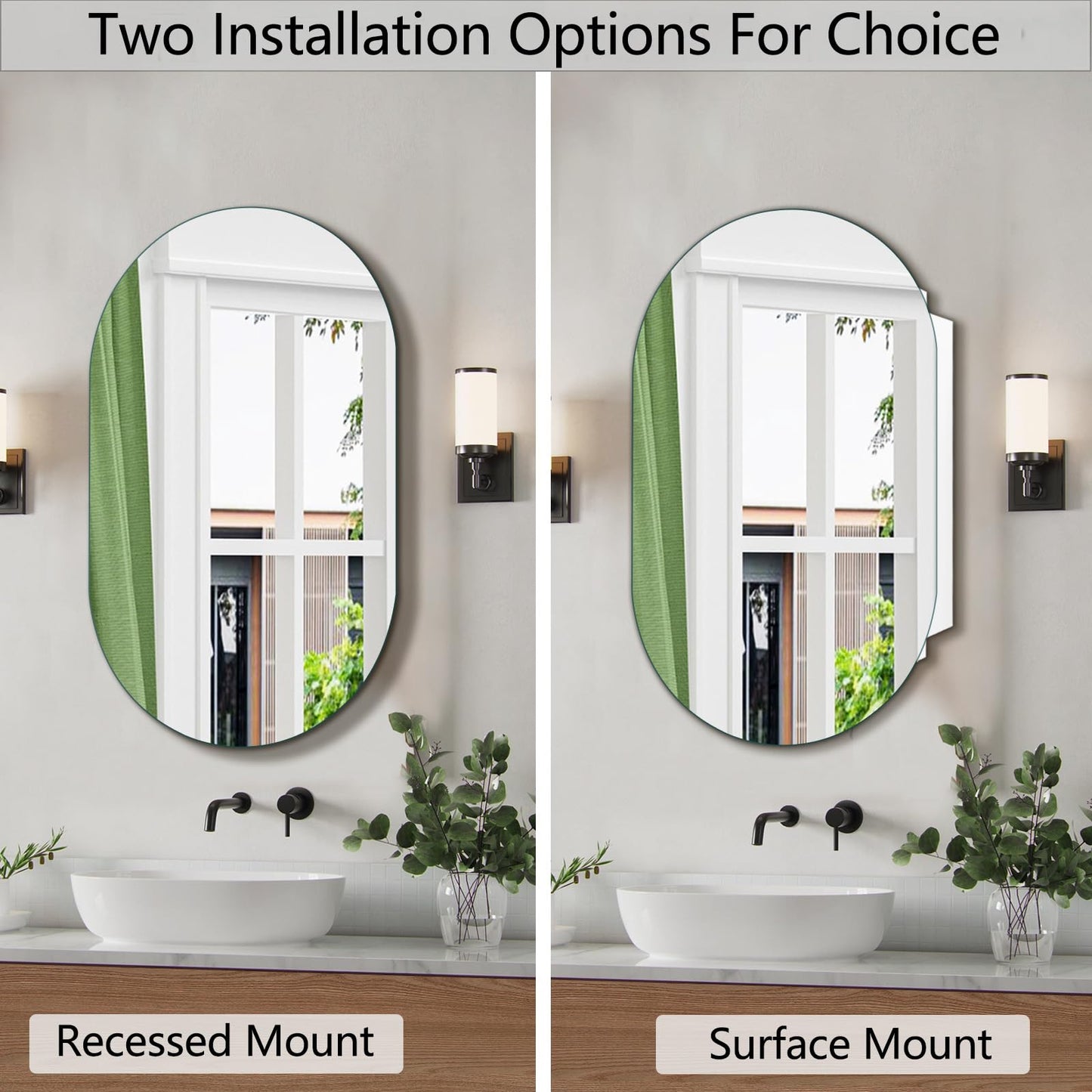 HESONTH 20x30 Inch Oval Frameless Mirror Cabinet,Bathroom Medicine Cabinet with Frameless Mirror, Wall Mounted Cabinet for Bathroom Toilet Kitchen,Recess or Surface Mount Installation