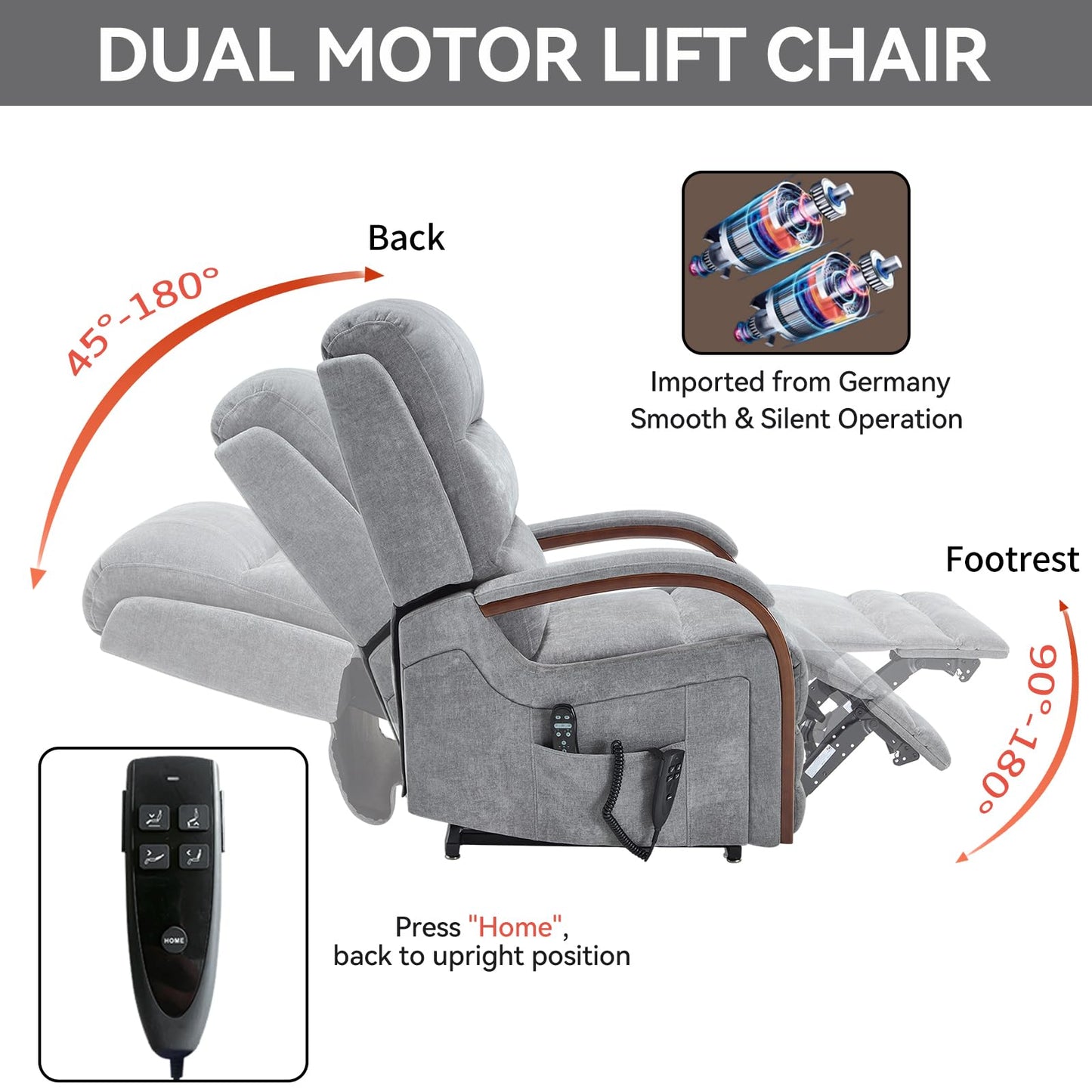 KEIKI Chenille Electric Power Lift Recliner Chair with Heat Massage, Solid Wood Armrests & Timer Function, Elderly Lazy Boy Sofa Seating for Home Theater, Infinite Position, Dual Motor, Up to 350 LBS