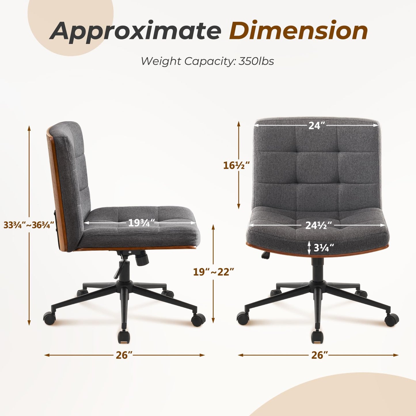 Furnimart Heavy-Duty FSC Wooden Wide Desk Chair, 360° Swivel Criss Cross Office Chair with Wheels, Comfy Cross Legged Sitting, Armless Rolling Chair for Bedroom, Office, Vanity(Linen Gray)