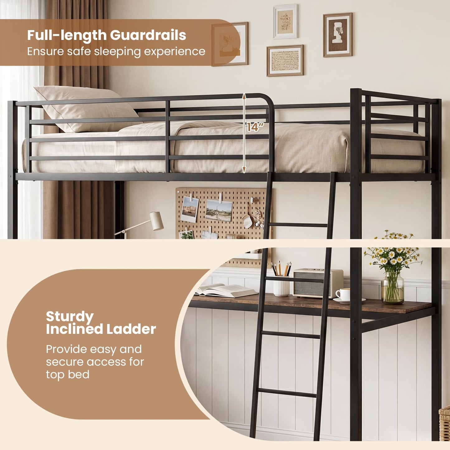 KOMFOTT Twin Loft Bed with Desk & Shelves, Heavy Duty Metal Bed Frame with Charging Station, Inclined Ladder & Guardrails, Space-Saving Metal Loft Bed for Kids, Teens, Adults, No Box Spring Needed