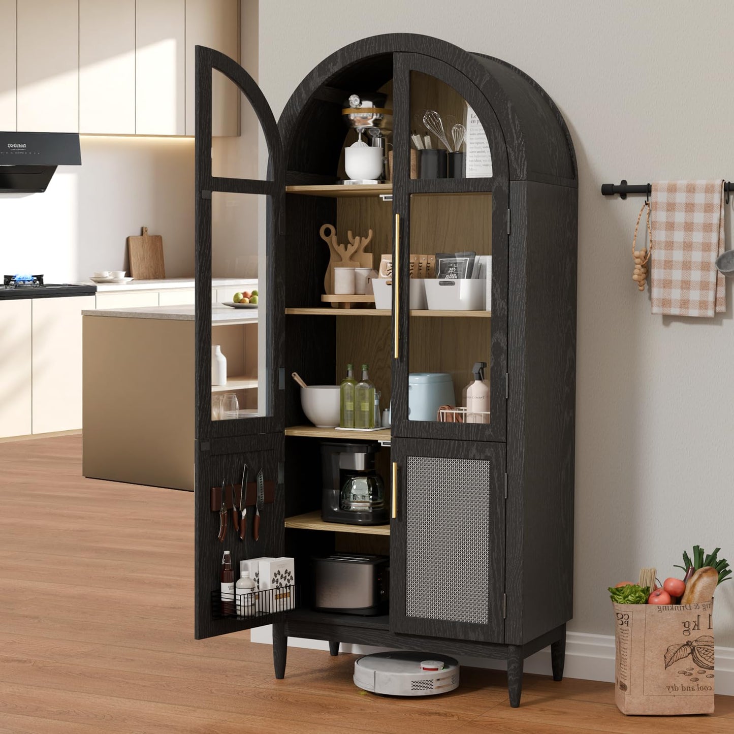 TRUNBACK 71" Tall Arched Cabinet with Glass Doors, Kitchen Pantry Storage Cabinet with Dust-Proof Rattan, 5-Tier Curio China Cabinet with Adjustable Shelves for Living Room Dining Room, Black