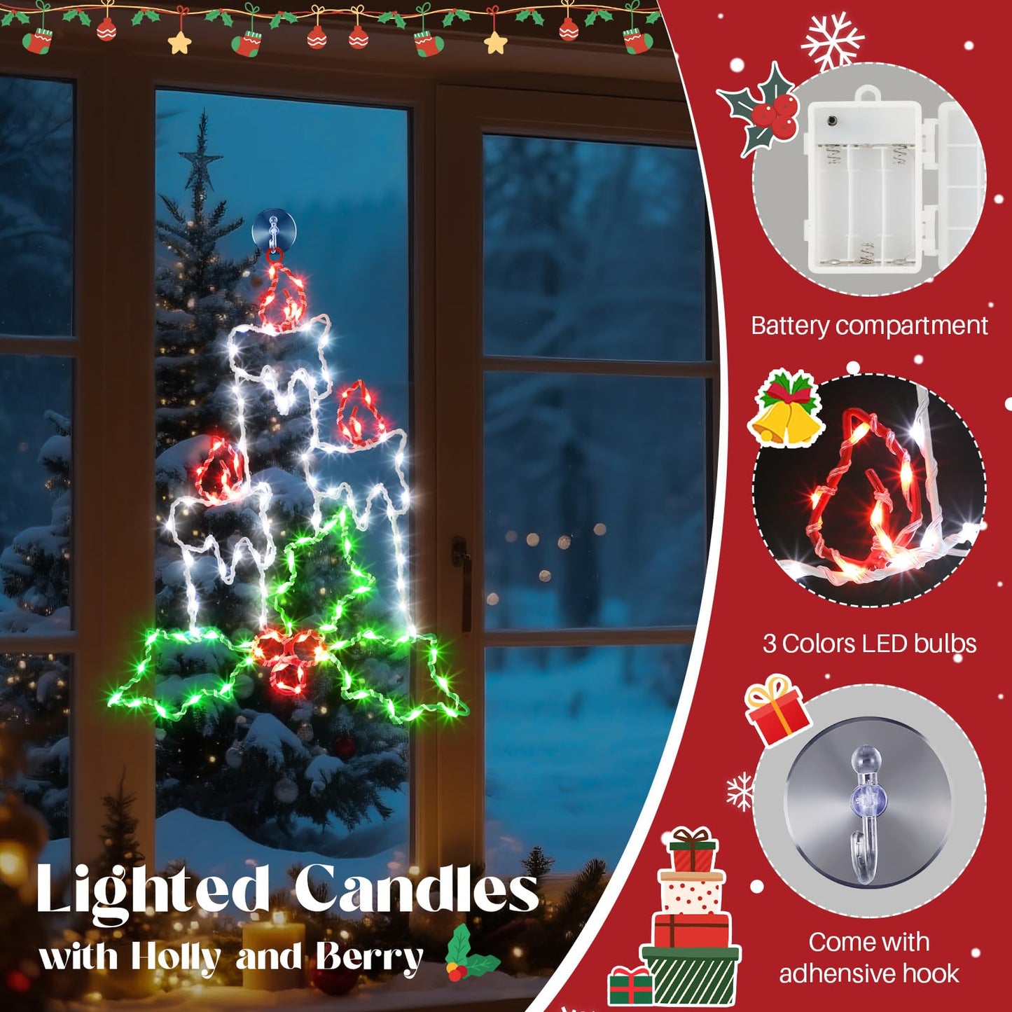 Enhon Christmas Window Silhouette Light, Battery Operated, 8 Modes, Timer, 15.8in, White/Red/Green, 2 Pack, Model SO-Enhon-2400