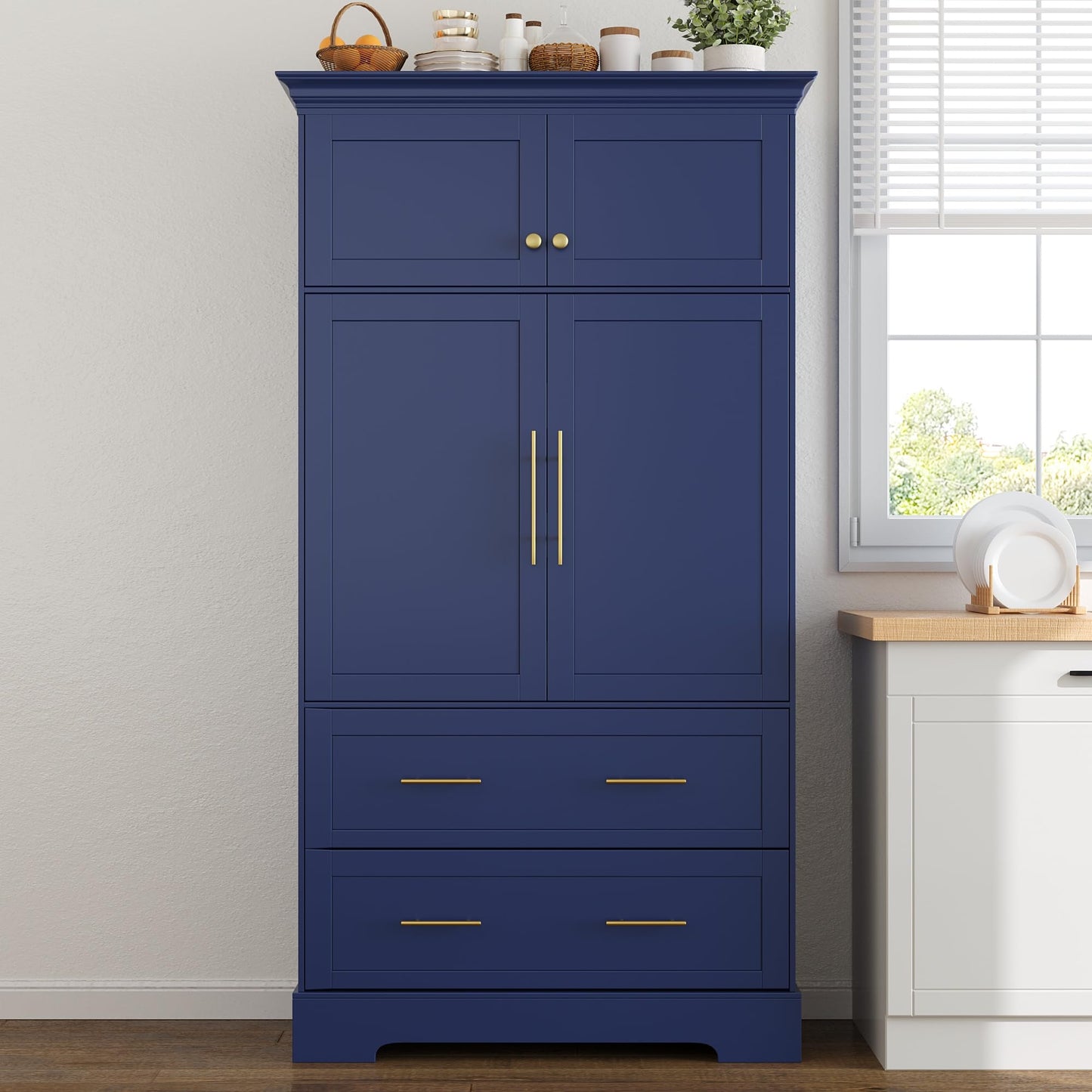 Merax 72.6" Farmhouse Kitchen Pantry Cabinet with Pull-Out Trays & Drawers, Freestanding Pantry with Cake Pan Storage, 4-Door Shaker Style Storage Cabinet, 40" L x 18" W, Blue