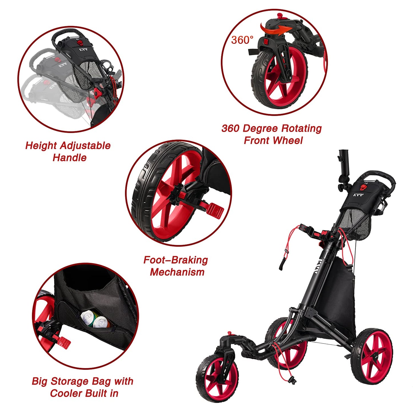 KVV 3 Wheel 360 Rotating Front Wheel Foldable/Collapsible Golf Push Cart with Foot Brake Open and Close in ONE Second-Free Umbrella Holder Included(Black/Red)