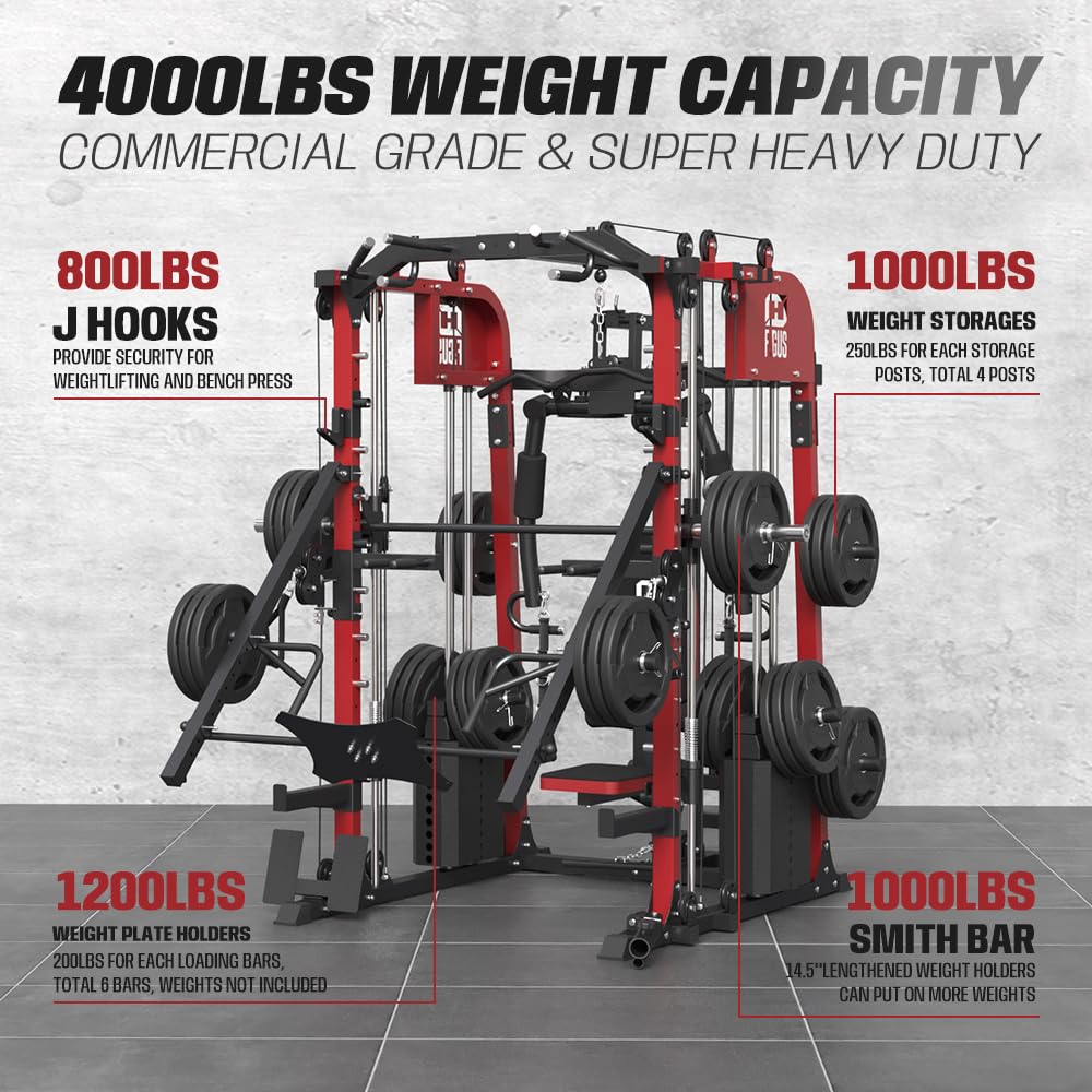 smithmachine with Weight Bench Combo, Home Gym with Dual Weight Stacks, 4000LBS Power Cage Squat Rack with Lever Arm, Leg Press, LAT Pull Down, Cable Crossover Machine for Full Body Training, Red