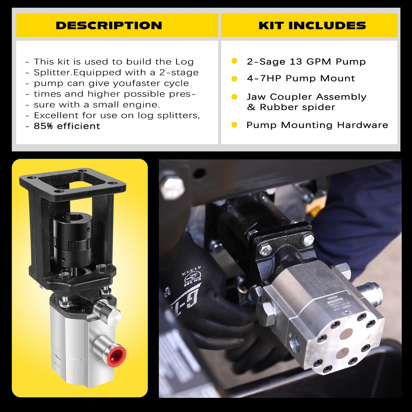 Camoo Log Splitter Build Kit Include 13 GPM Pump, Coupler, Mount, Bolts, Fit for Huskee, Speeco, Oregon, etc and DIY Splitter Project (for 3/4" Engine Crankshaft)