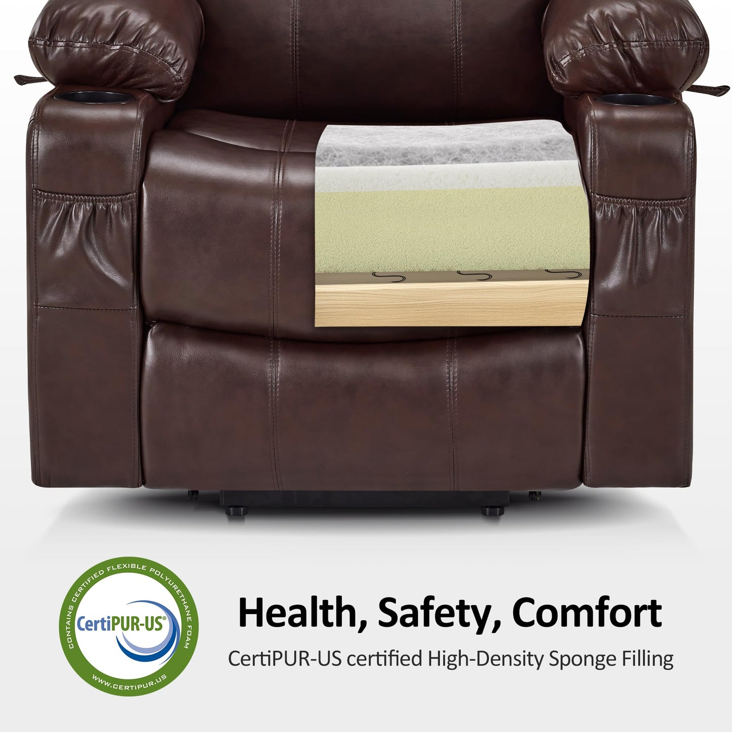 MCombo Electric Power Lift Recliner Chair Sofa with Massage and Heat for Elderly, 3 Positions, 2 Side Pockets, and Cup Holders, USB Ports, Faux Leather 7040 (Dark Brown, Medium)