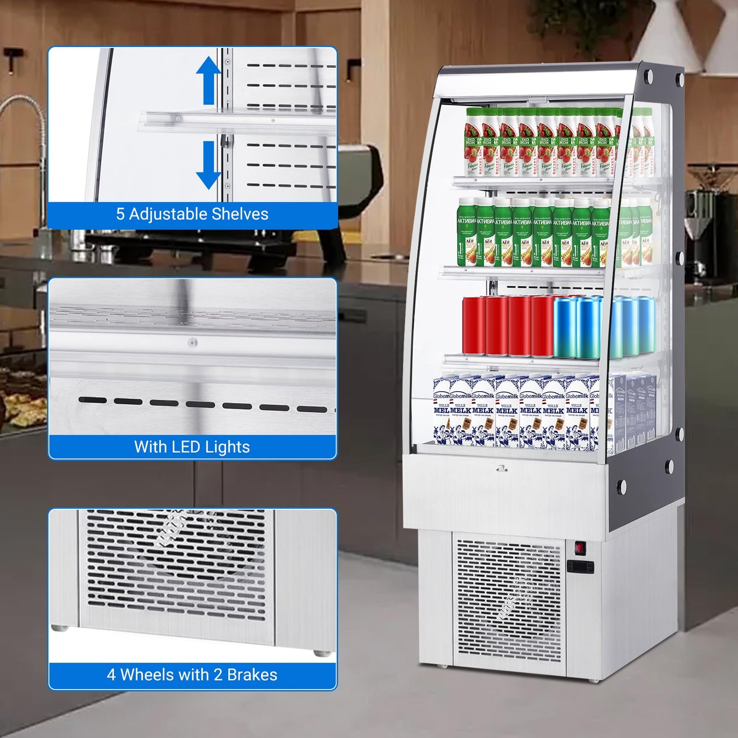 Professional 8.8 Cu.Ft Commercial Display Refrigerator Merchandiser, 3-Tier Air Curtain Fridge with LED Lights, 4 Swivel Wheels & Adjustable Shelves for Restaurants, Convenience Stores & Cafes