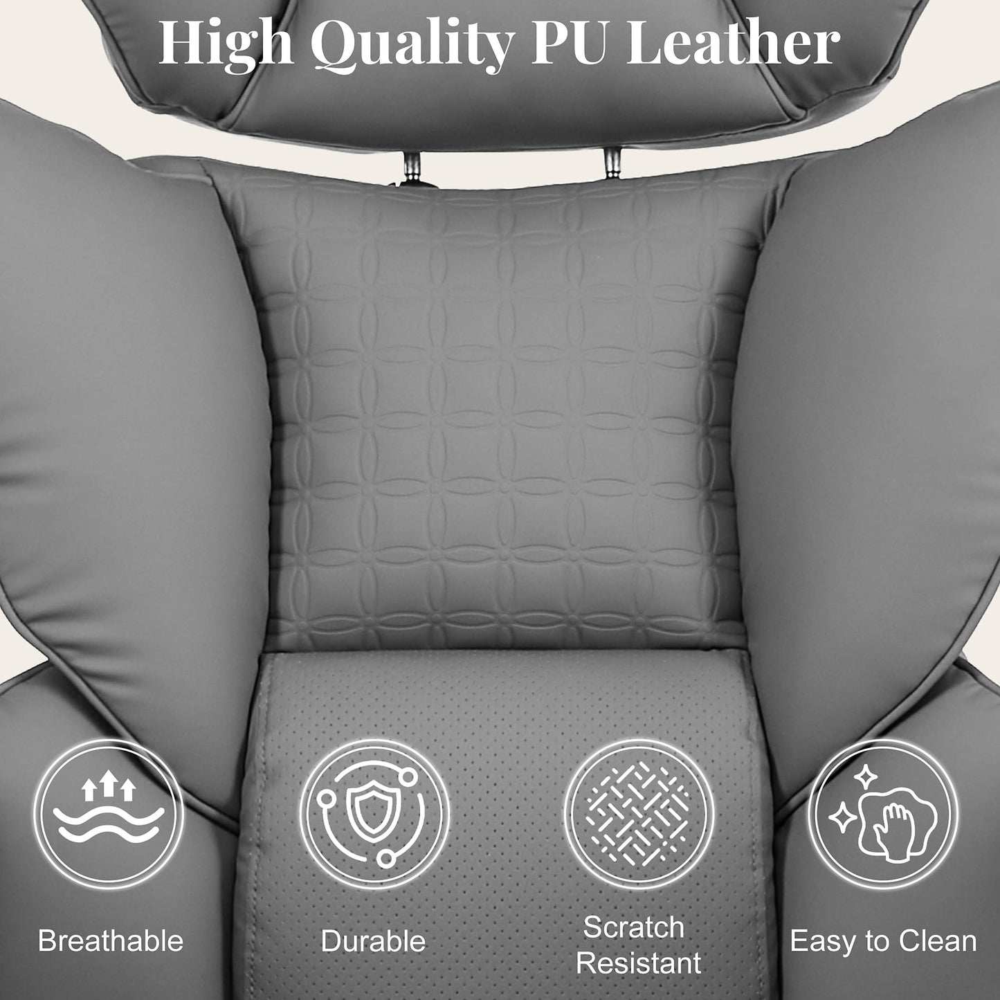 HAPPYMONT Big and Tall Ergonomic Office Chair,350 lbs,High Back Reclining PU Leather Gaming Chair with Footrest, Adjustable Armrests, Lumbar Support, Executive Desk Chair for Home Office, Grey