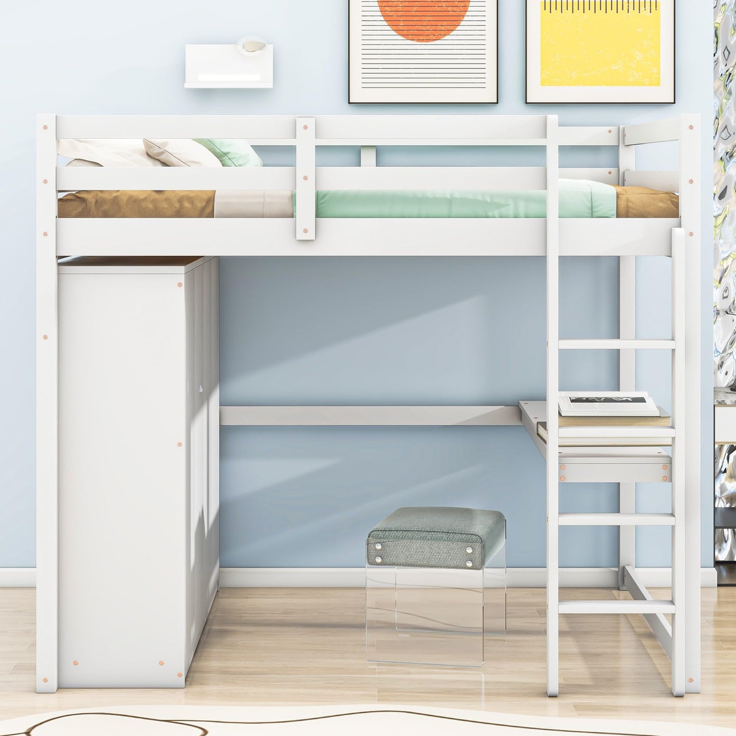 Merax Full Size Wood Loft Bed with Built-in Wardrobe, Large Desk, 2-Tier Storage Shelves & 3 Drawers, Solid Pine Wood Frame, 350 lbs Capacity, No Box Spring Needed for Bedroom, White