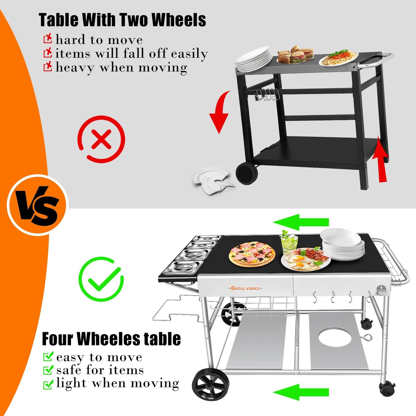 GRILL FORCE 50"x 25" Pizza Oven Table,Outdoor Pizza Cart with Topping Station Grill Table Stand with Wheels for Ninja, Blackstone Griddle, Ooni, Gozney, Cuisinart.