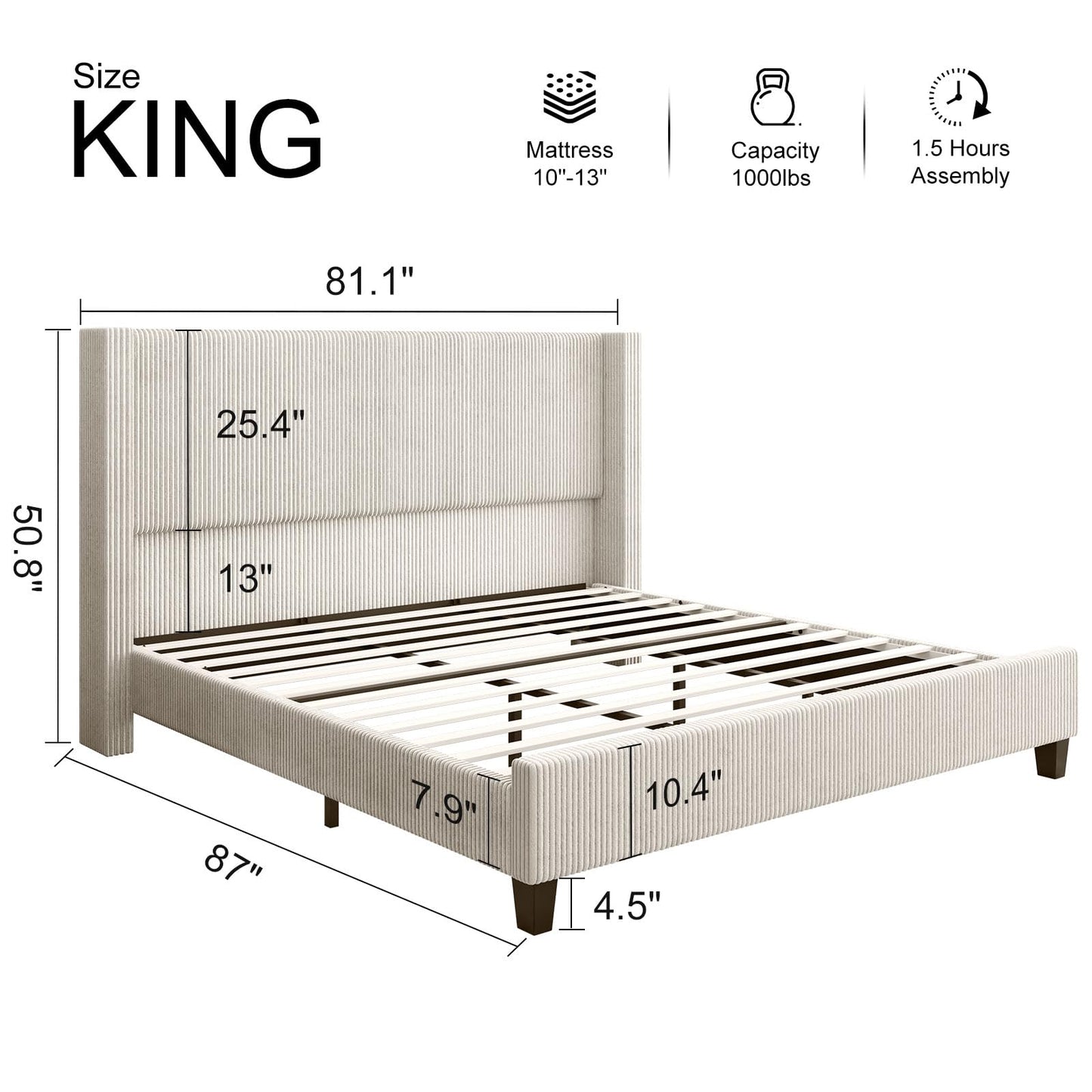 HOWE King Size Bed Frame with 50.8 Inch Corduroy Wingback Headboard, Cream