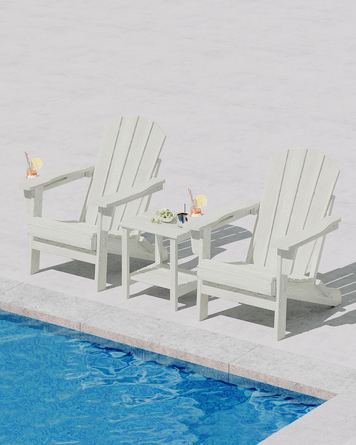 GarveeLife Folding Adirondack Chair Set of 4 with 2 Side Table, All-Weather HDPE Outdoor Chair, Wooden Textured with Cup Holder for patios, Decks, Gardens, fire pits, White