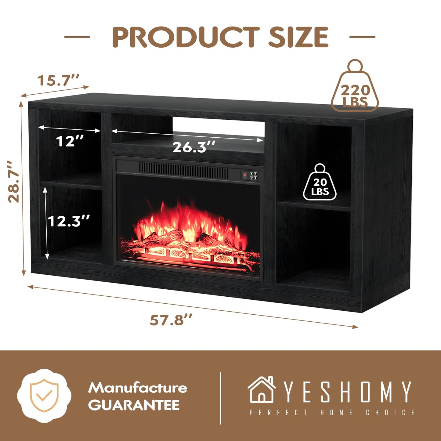 YESHOMY Electric Fireplace TV Stand for Televisions up to 65+ Inch, Media Entertainment Center Console Table with Four Open Storage Shelves & Cabinets, 58 Inch, Dark Black