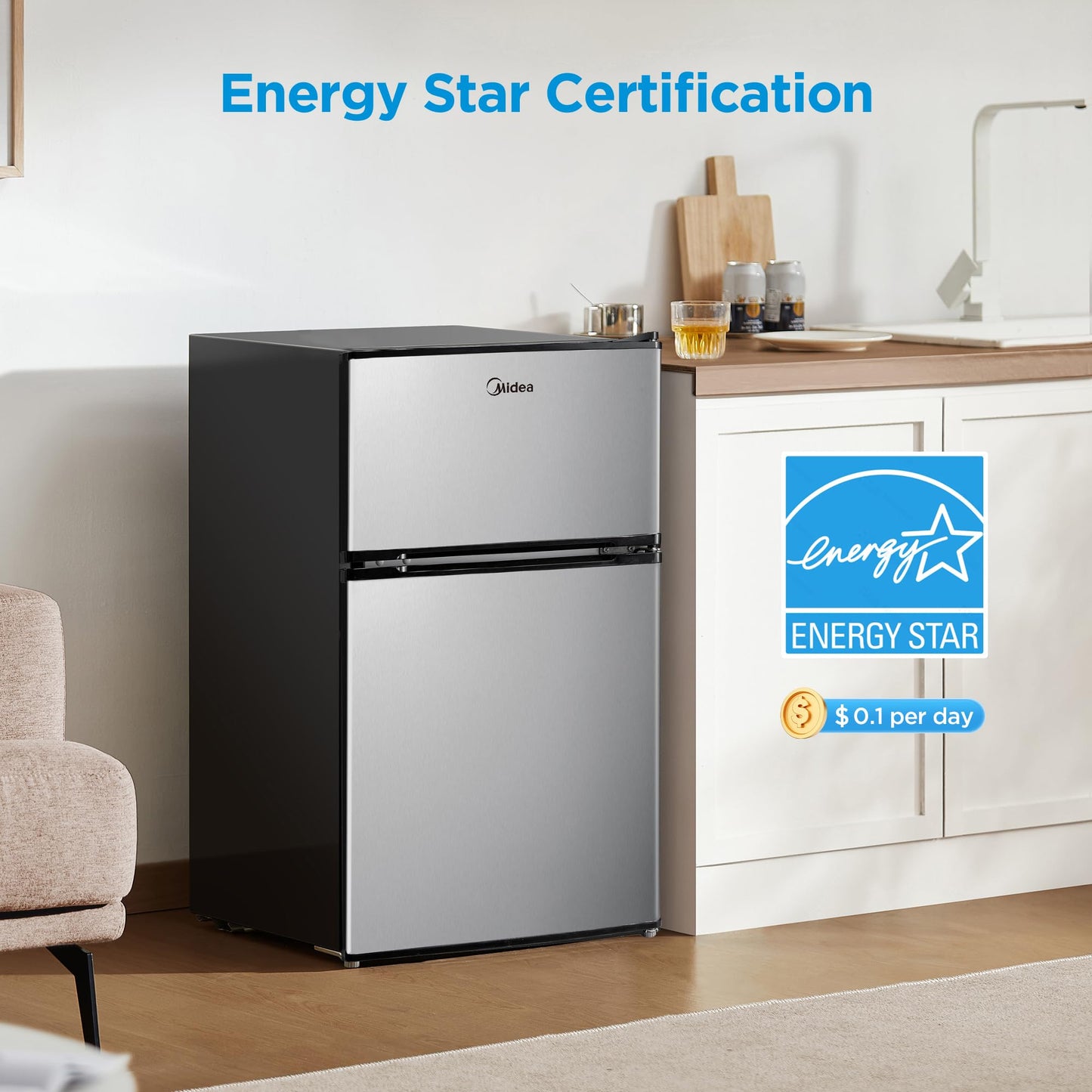 Midea WHD-113FSS1 Double Door Mini Fridge with Freezer for Bedroom Office or Dorm with Adjustable Remove Glass Shelves Compact Refrigerator, 3.1 cu ft, Stainless Steel