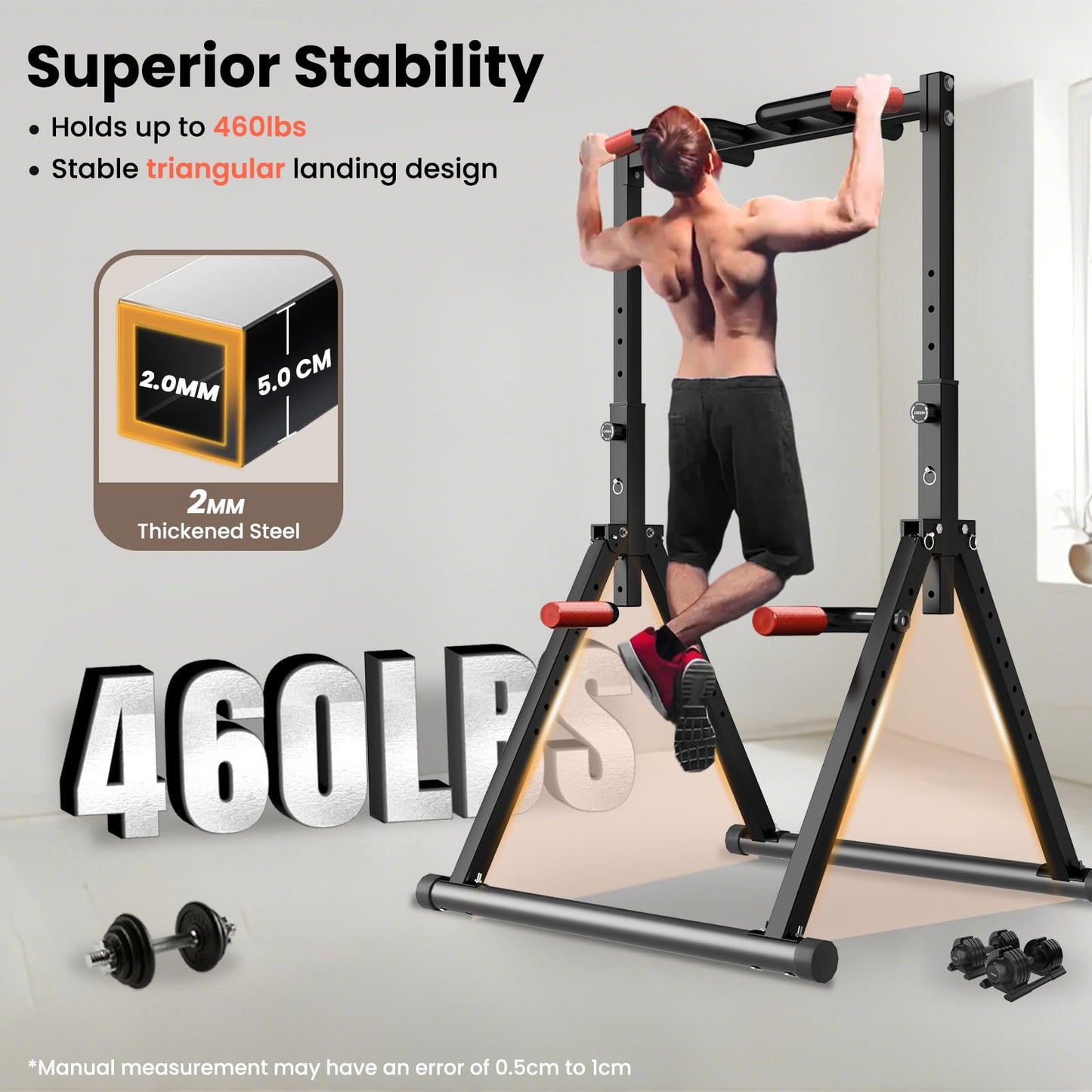 WATBKHE Foldable Power Tower Pull Up Bar Dip Station, Pull Up Bar Standing for Home Gym Adjustable Height, Multi-Functional Workout Equipment Strength Training Machine, Support 460LBS
