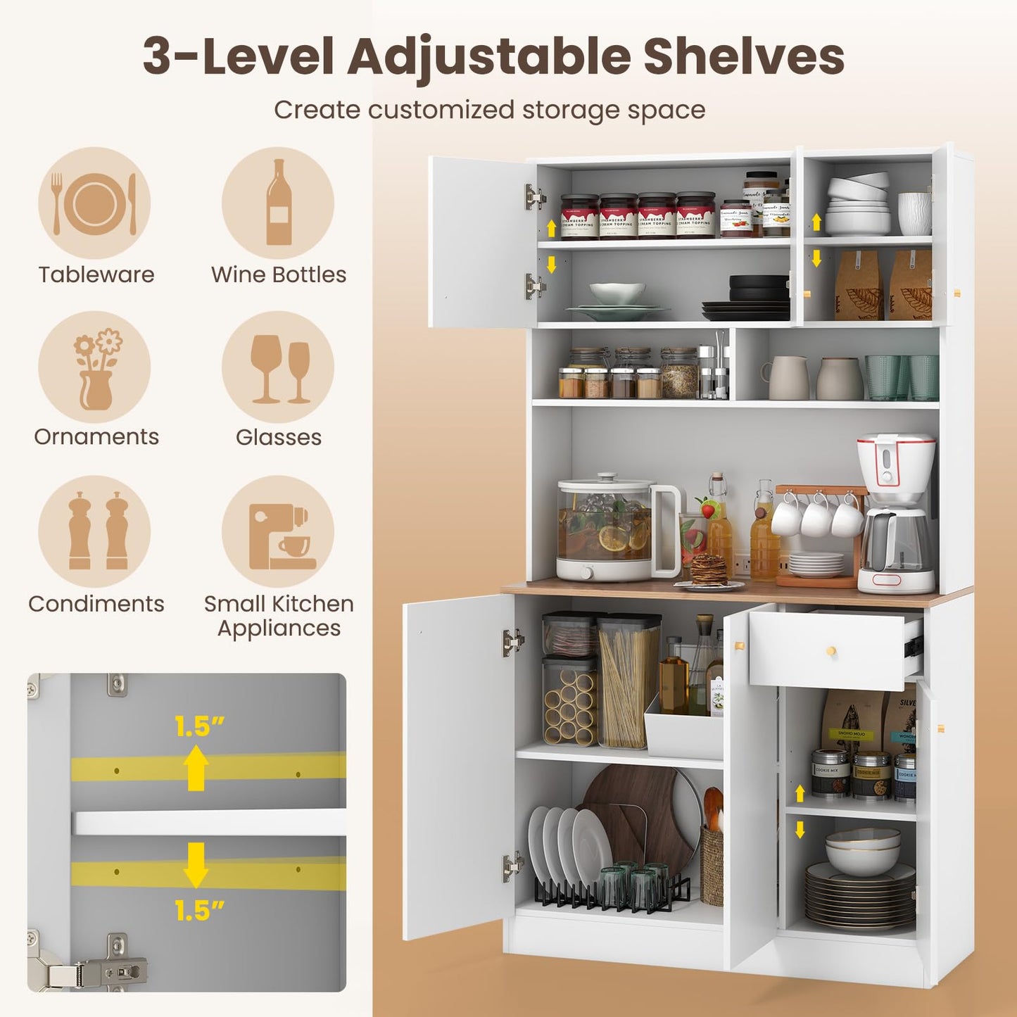 Giantex Kitchen Pantry Cabinet, 71” Tall Buffet Cabinet with Hutch, Built-in Power Outlet, 6 Doors Storage Cabinets, Drawer, Adjustable Shelves, Standing Cupboard for Dining Room Living Room (White)