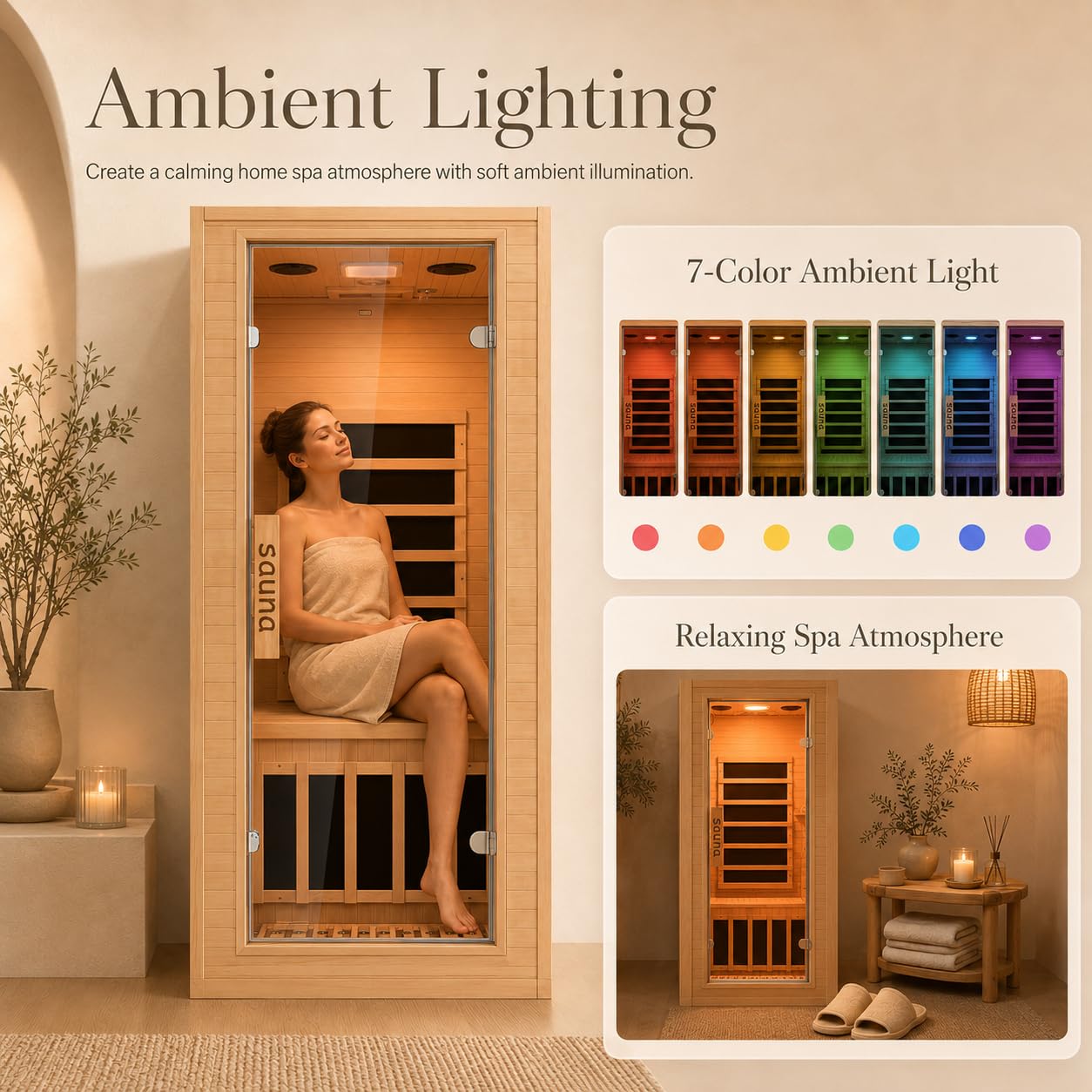 1 Person Far Infrared Sauna for Home, Canadian Hemlock Wood Indoor Sauna Room, 110V 1200W 5 Heating Panels, 149°F Max, 7-Color Light, Bluetooth Audio, Personal Relaxation Cabin, 32 x 34 x 67 in