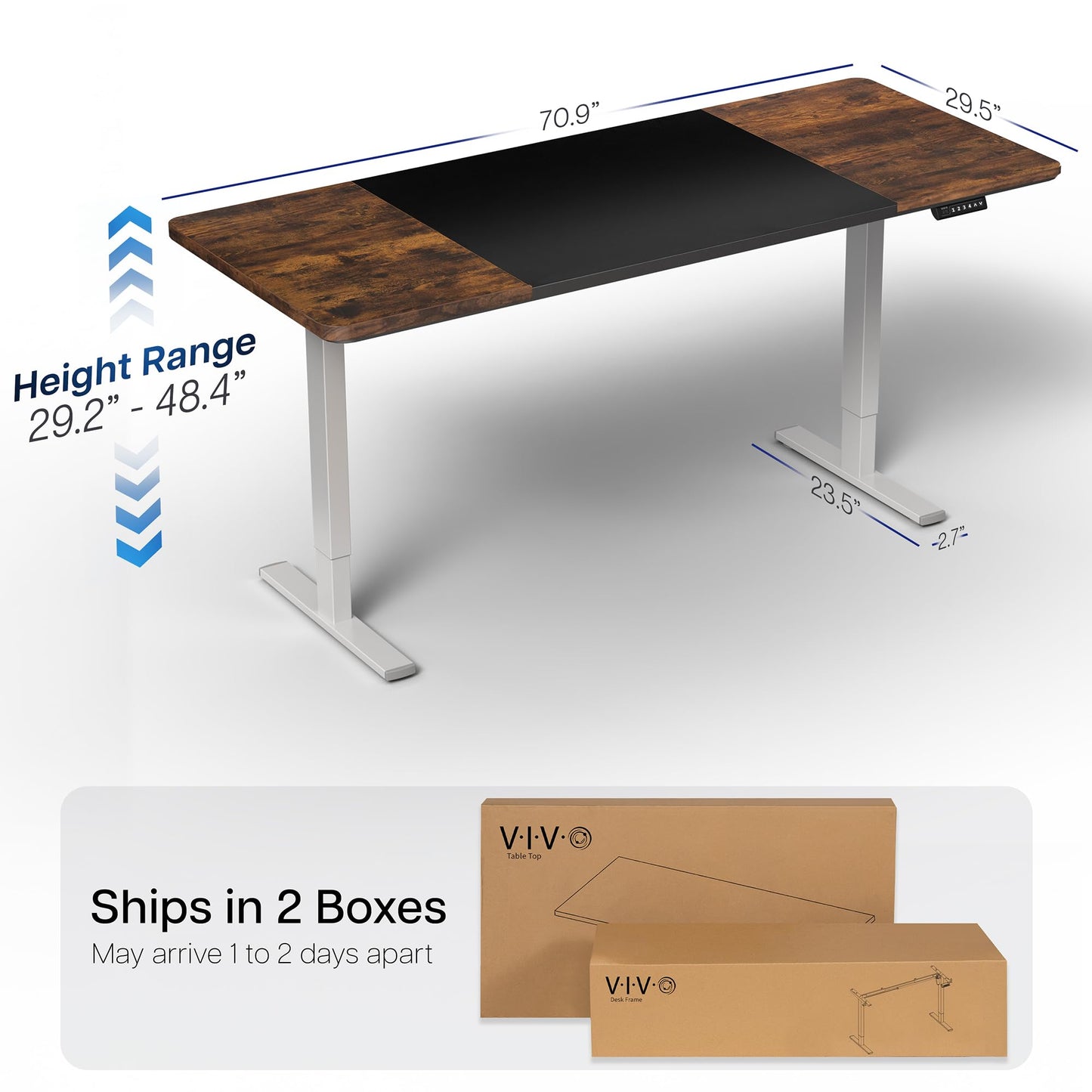 VIVO Electric 71 x 30 in Rustic Standing Desk, Memory Height Adjustment, 1B Series, Holds 220 lbs, Black and Vintage Brown Top, Gray Frame, DESK-KIT-1G7BN